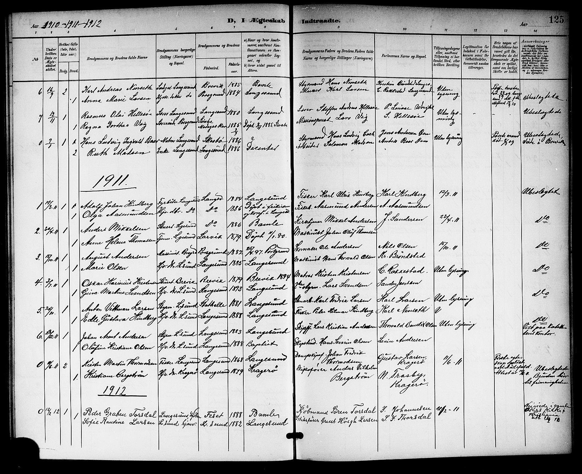 Langesund kirkebøker, SAKO/A-280/G/Ga/L0006: Parish register (copy) no. 6, 1899-1918, p. 125