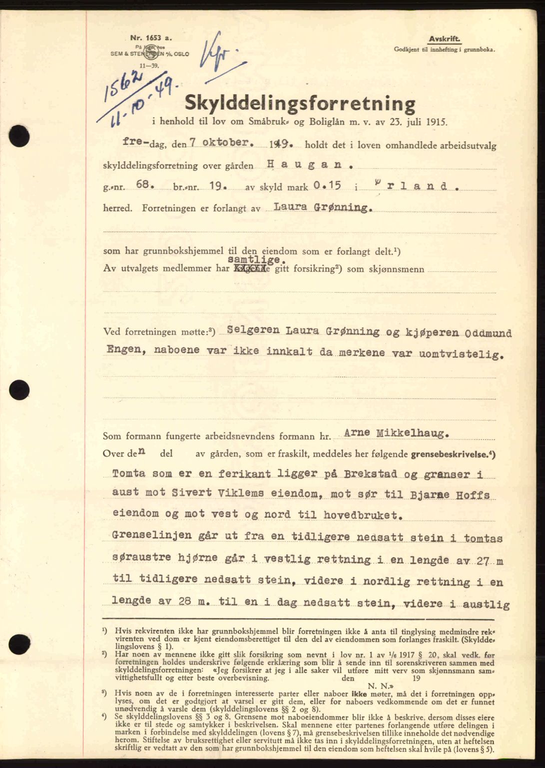Fosen sorenskriveri, AV/SAT-A-1107/1/2/2C: Mortgage book no. A10, 1949-1950, Diary no: : 1562/1949