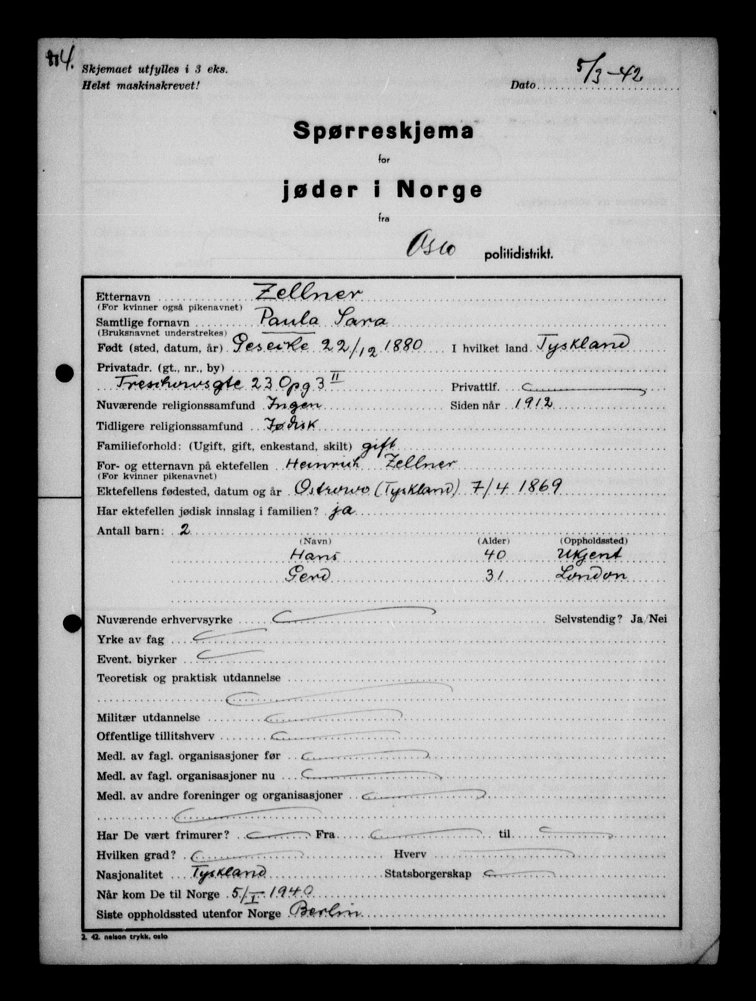 Statspolitiet - Hovedkontoret / Osloavdelingen, AV/RA-S-1329/G/Ga/L0011: Spørreskjema for jøder i Norge. 1: Oslo 610-806 (Plavnik-Zwillinger). 2: Aker 1-113 (Adler-Lewin). , 1942, p. 578