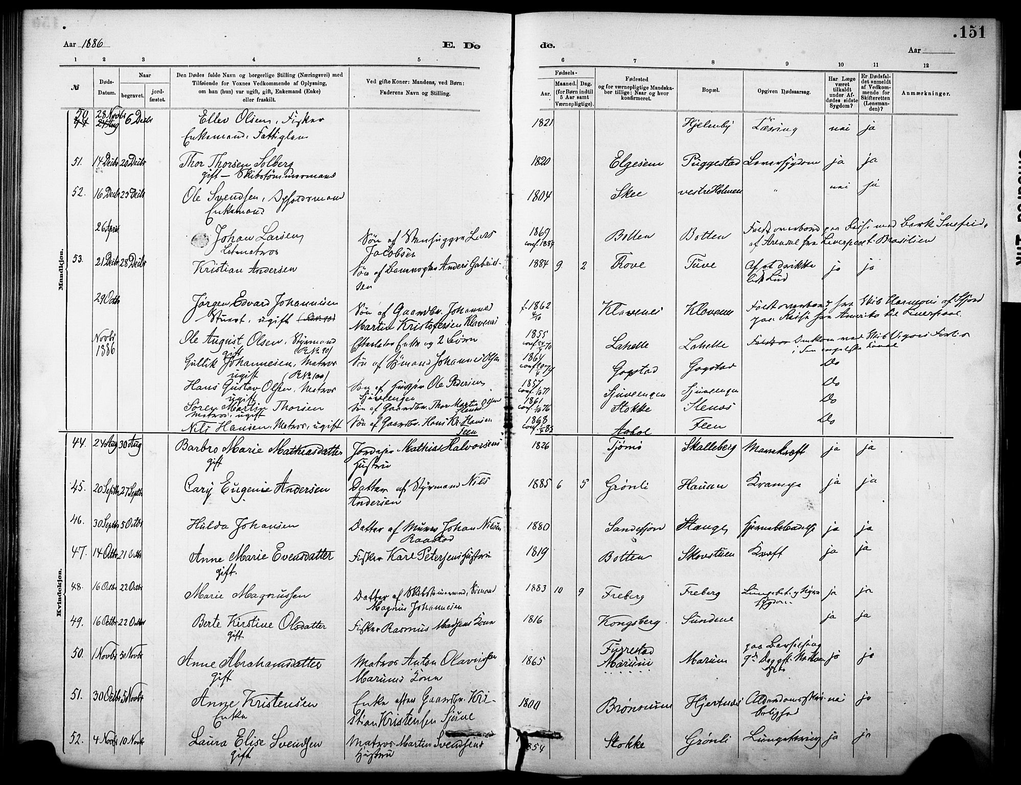 Sandar kirkebøker, SAKO/A-243/F/Fa/L0013: Parish register (official) no. 13, 1883-1895, p. 151