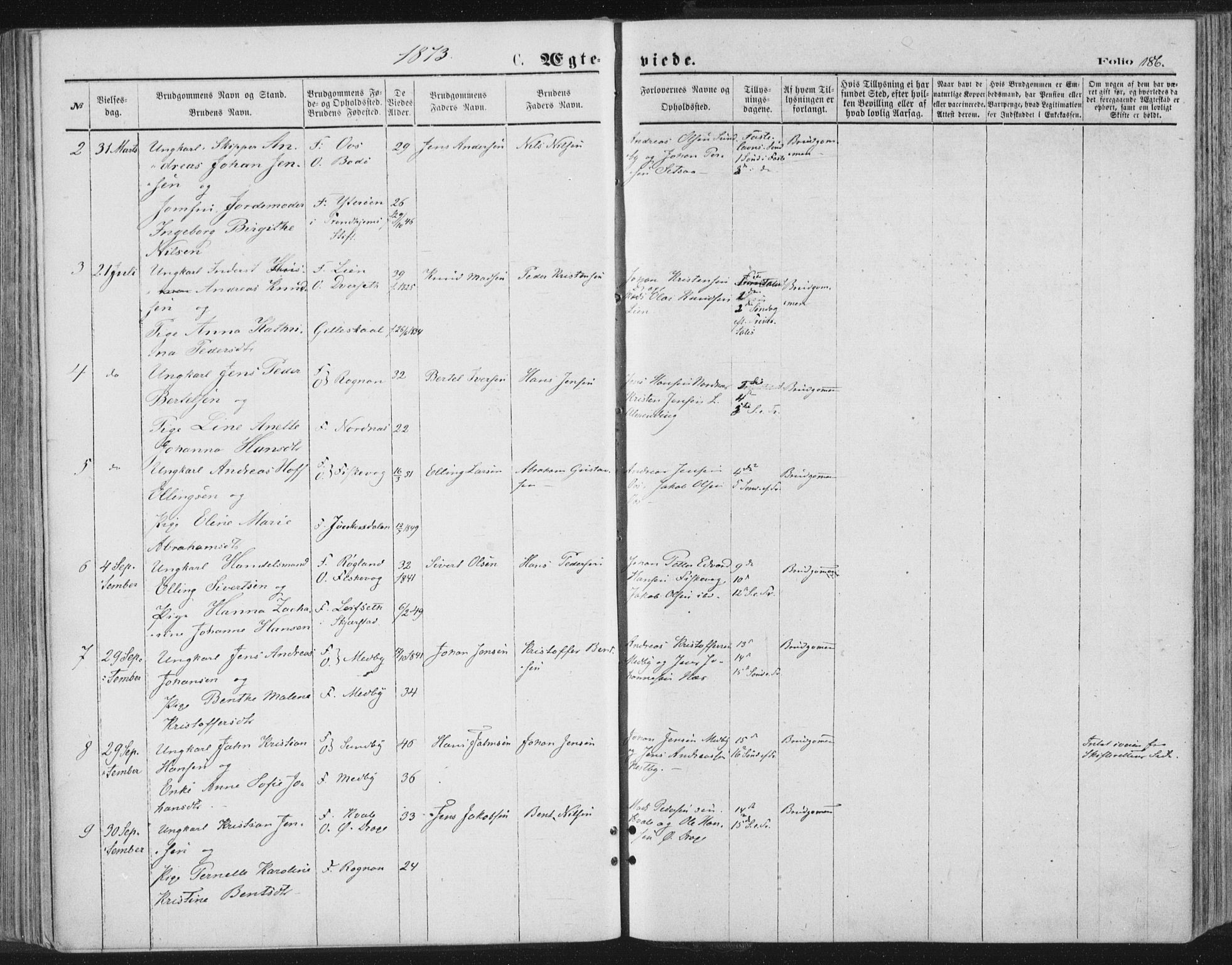 Ministerialprotokoller, klokkerbøker og fødselsregistre - Nordland, SAT/A-1459/847/L0668: Parish register (official) no. 847A08, 1872-1886, p. 186