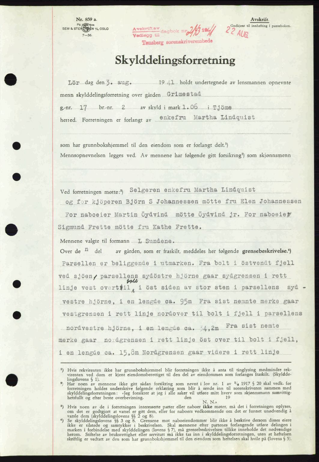 Tønsberg sorenskriveri, AV/SAKO-A-130/G/Ga/Gaa/L0010: Mortgage book no. A10, 1941-1941, Diary no: : 2143/1941