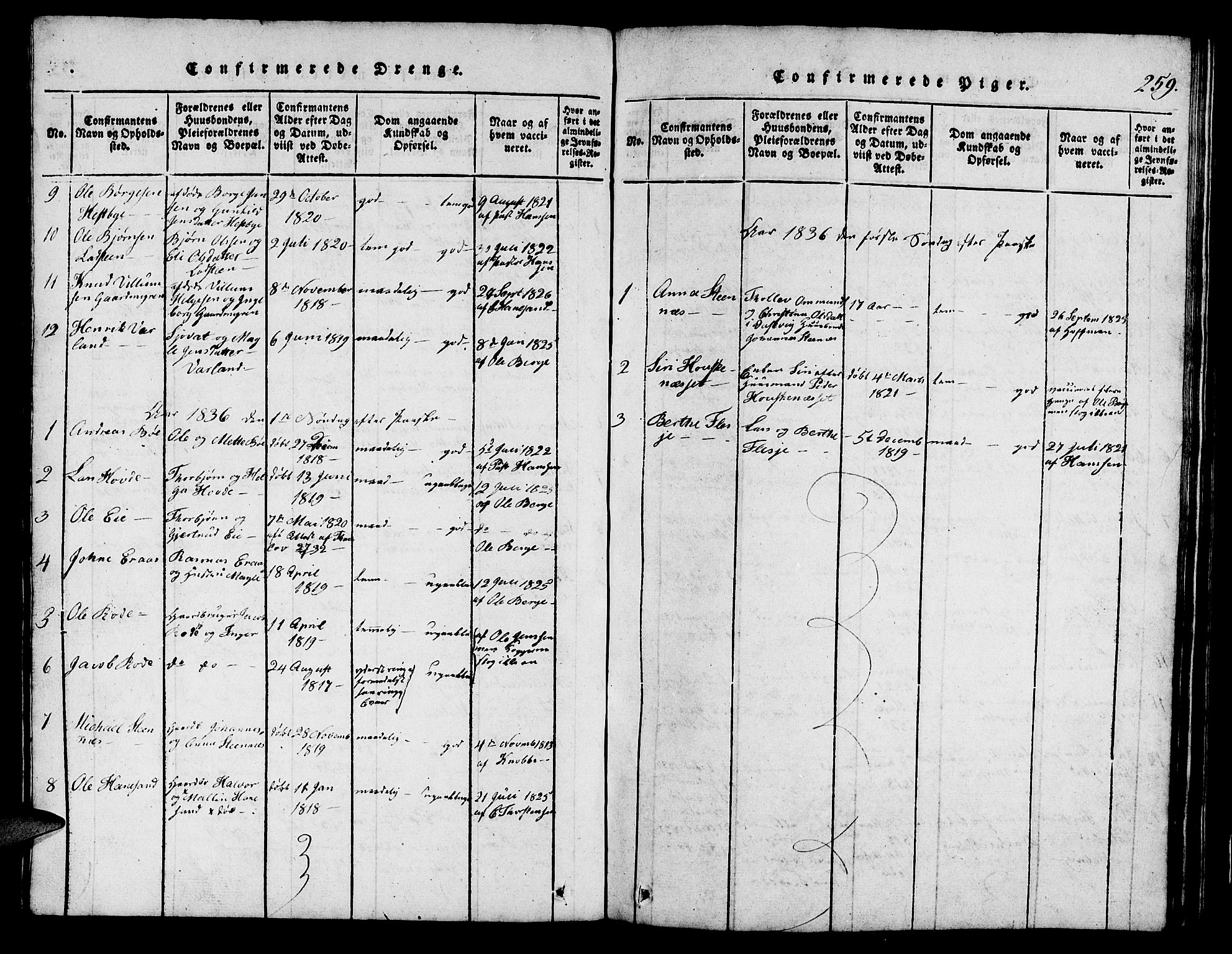 Finnøy sokneprestkontor, AV/SAST-A-101825/H/Ha/Hab/L0001: Parish register (copy) no. B 1, 1816-1856, p. 259