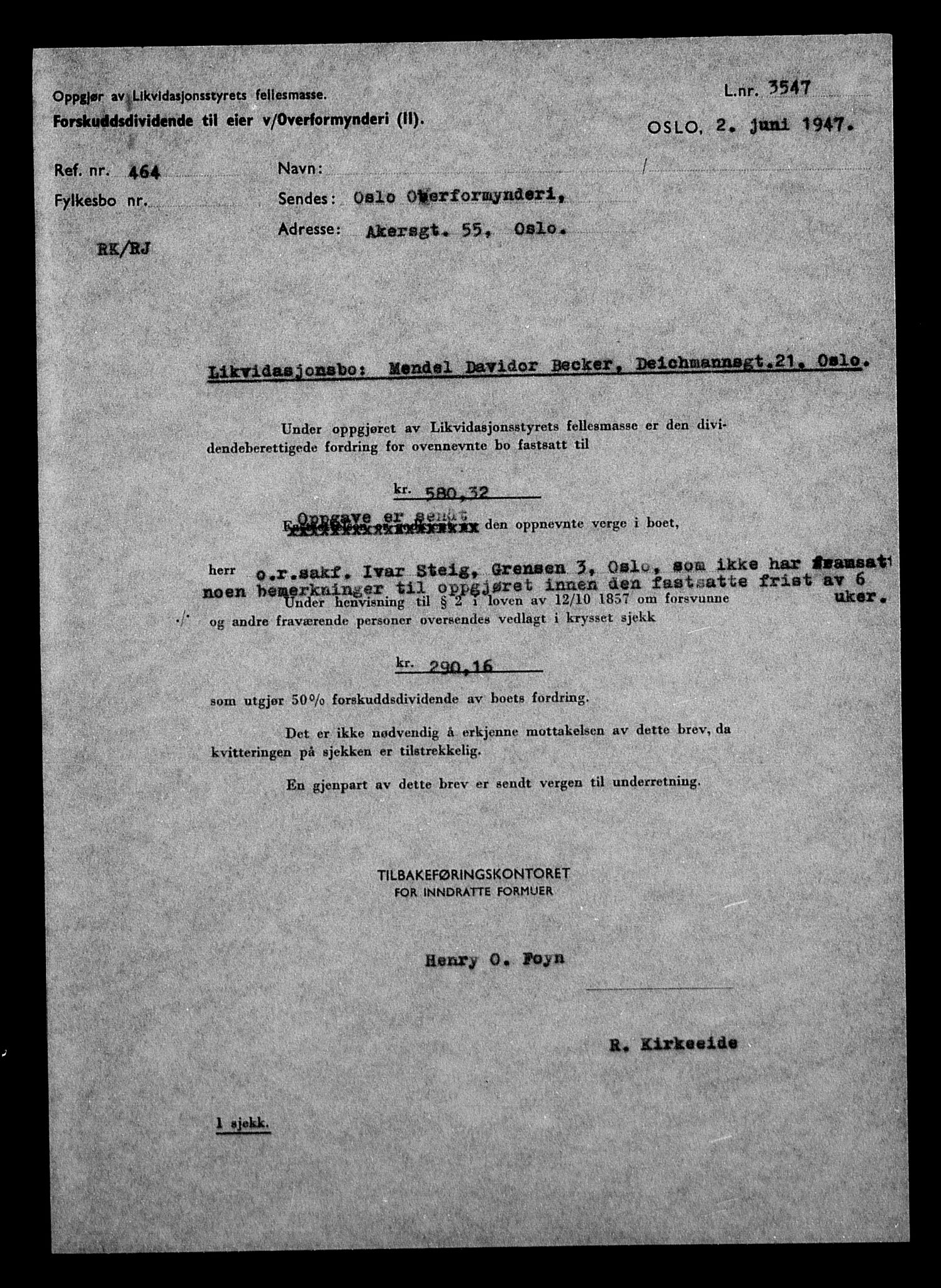 Justisdepartementet, Tilbakeføringskontoret for inndratte formuer, AV/RA-S-1564/H/Hc/Hcc/L0919: --, 1945-1947, p. 332