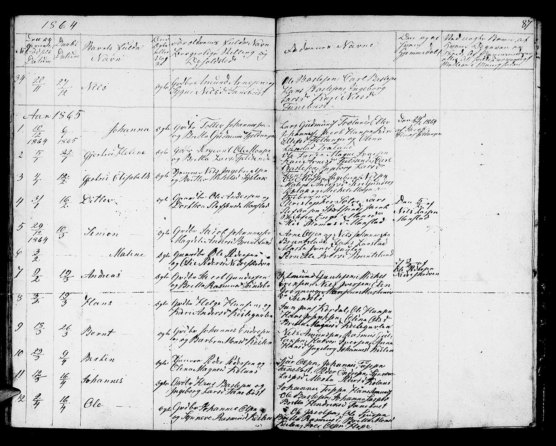 Lindås Sokneprestembete, AV/SAB-A-76701/H/Hab/Habb/L0001: Parish register (copy) no. B 1, 1853-1866, p. 87