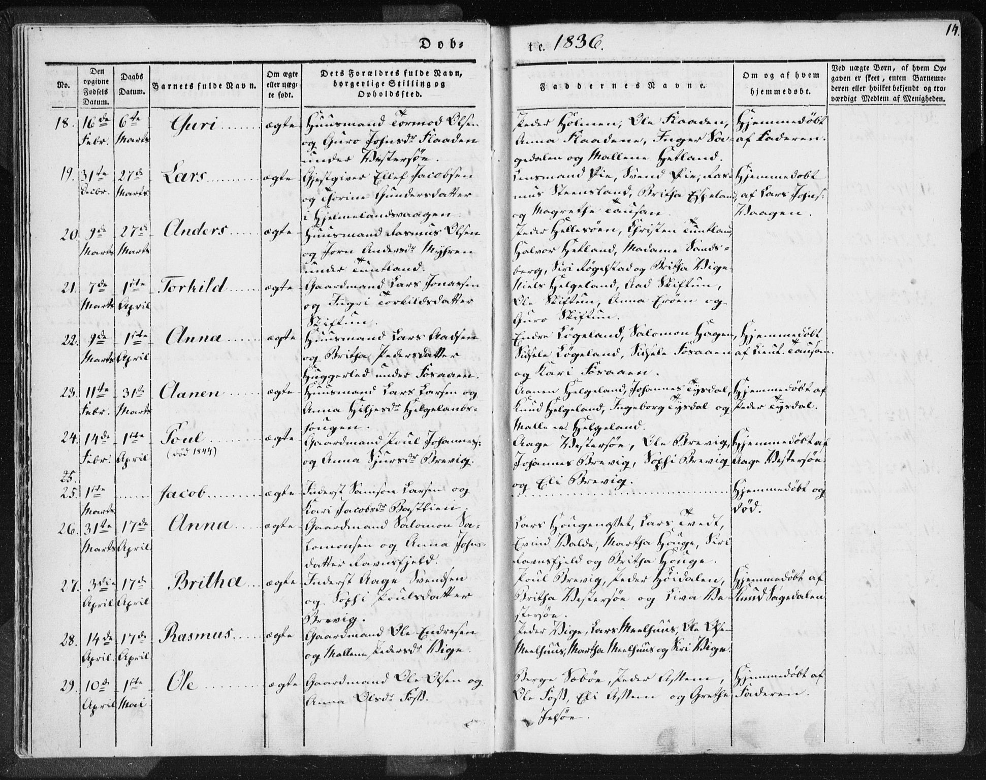 Hjelmeland sokneprestkontor, AV/SAST-A-101843/01/IV/L0006: Parish register (official) no. A 6, 1834-1845, p. 14