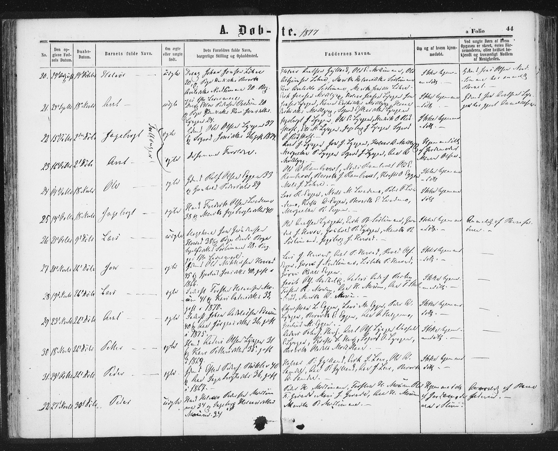 Ministerialprotokoller, klokkerbøker og fødselsregistre - Sør-Trøndelag, AV/SAT-A-1456/692/L1104: Parish register (official) no. 692A04, 1862-1878, p. 44