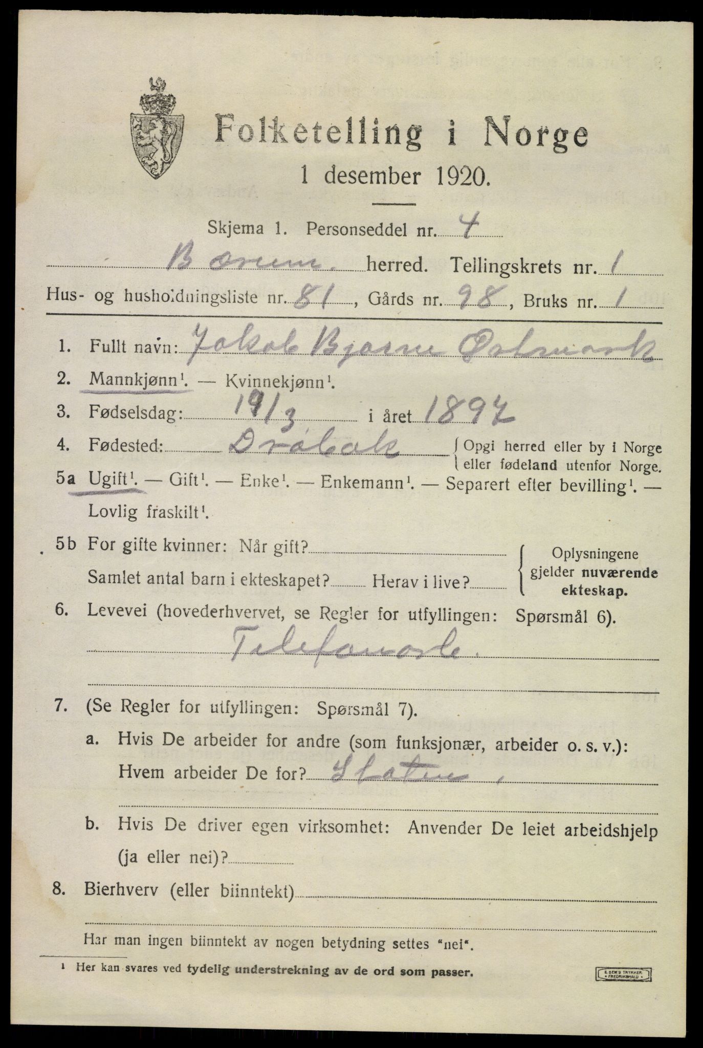 SAO, 1920 census for Bærum, 1920, p. 6120