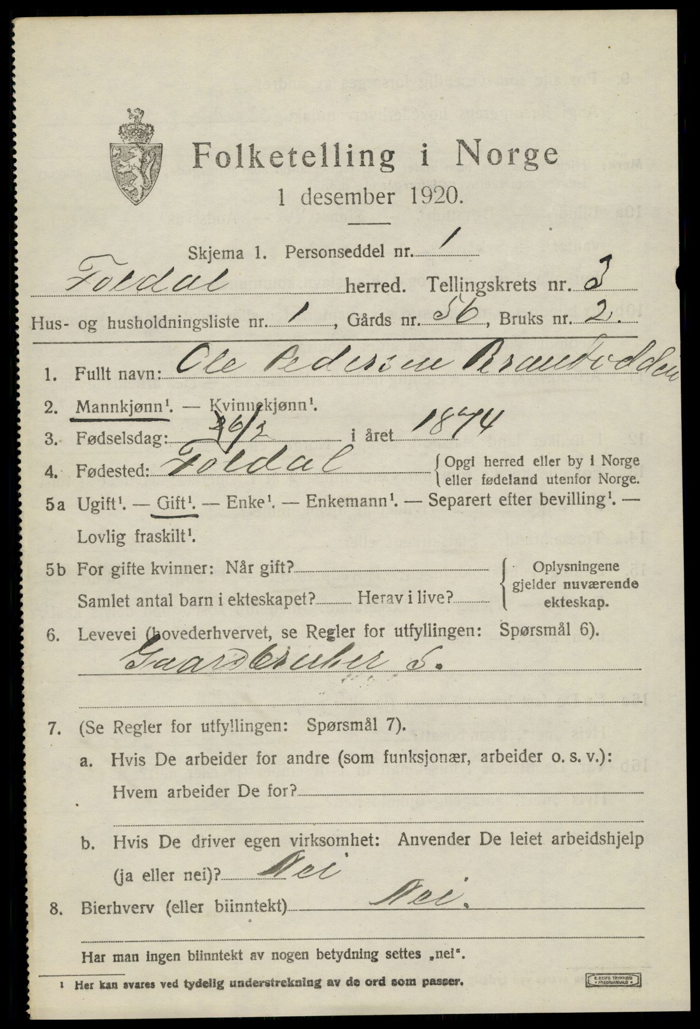 SAH, 1920 census for Folldal, 1920, p. 1447
