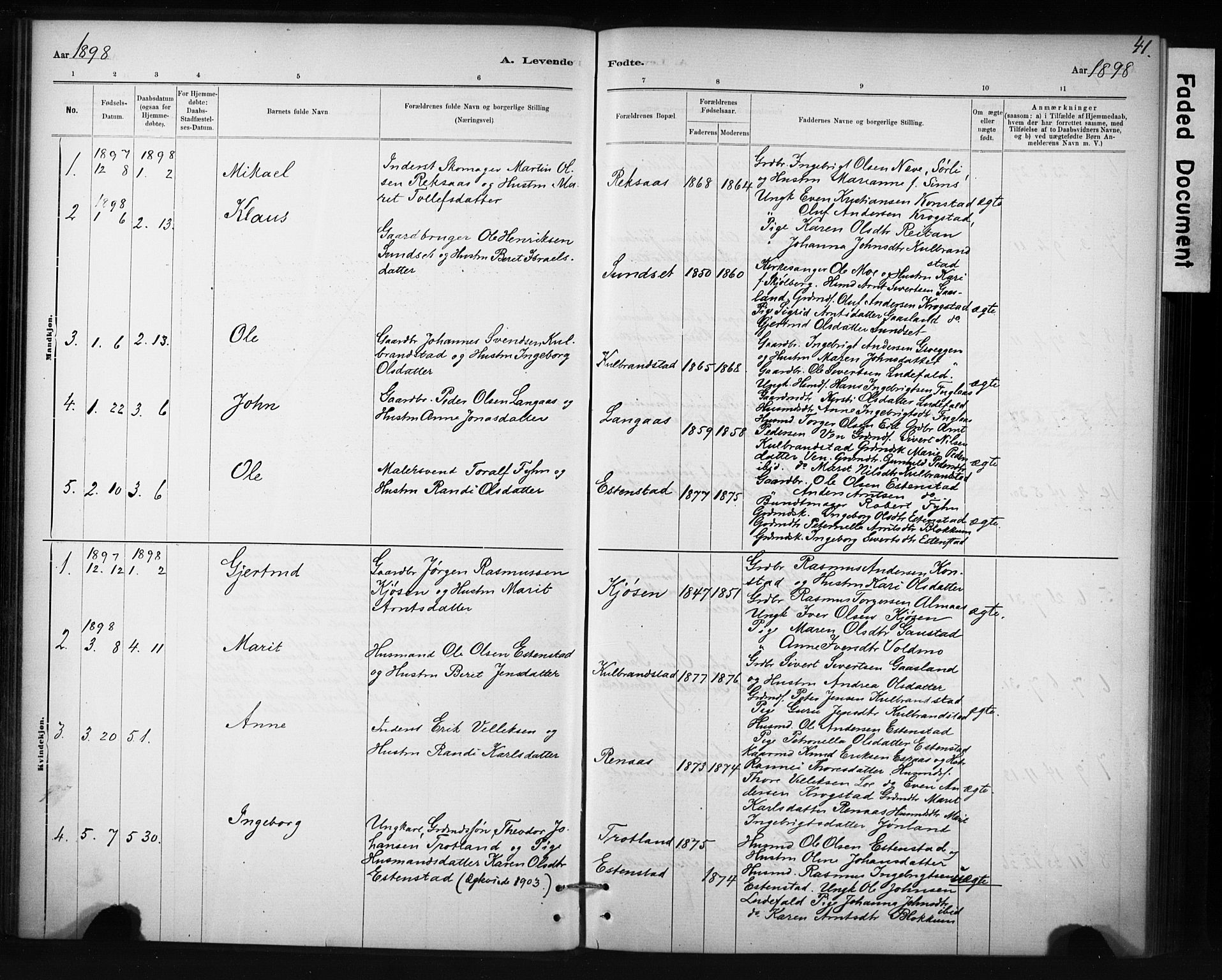 Ministerialprotokoller, klokkerbøker og fødselsregistre - Sør-Trøndelag, AV/SAT-A-1456/694/L1127: Parish register (official) no. 694A01, 1887-1905, p. 41