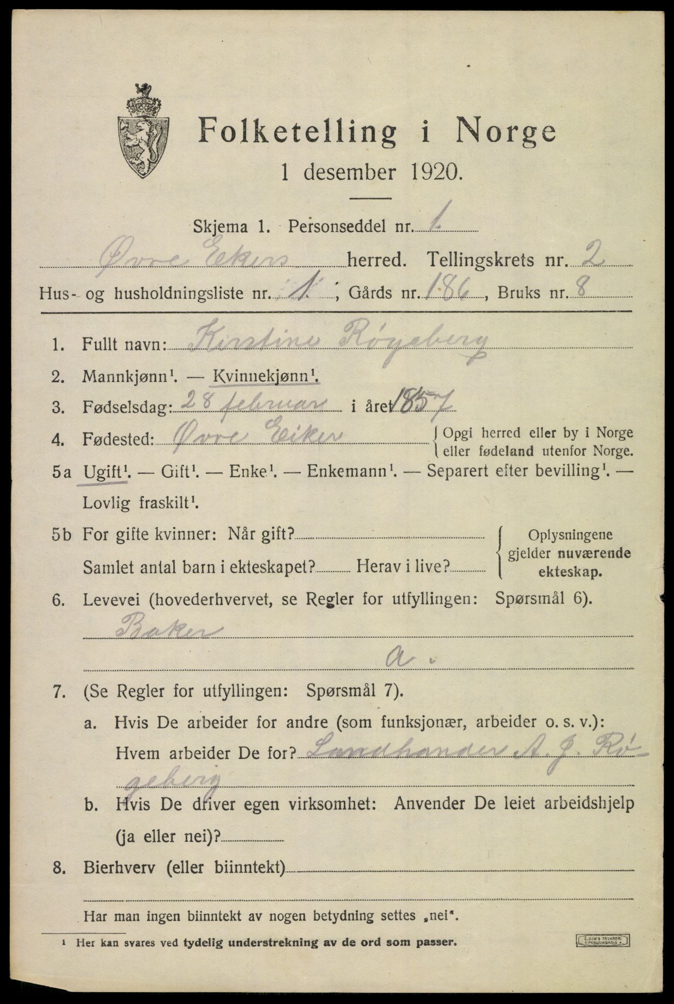 SAKO, 1920 census for Øvre Eiker, 1920, p. 6554