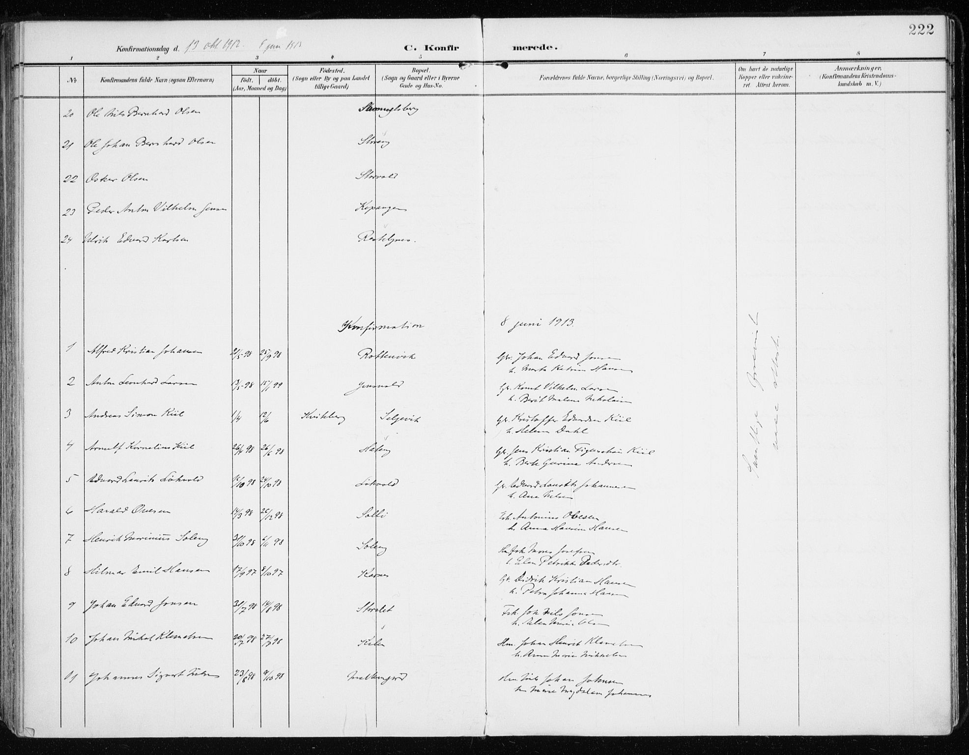 Lyngen sokneprestembete, AV/SATØ-S-1289/H/He/Hea/L0011kirke: Parish register (official) no. 11, 1903-1913, p. 222