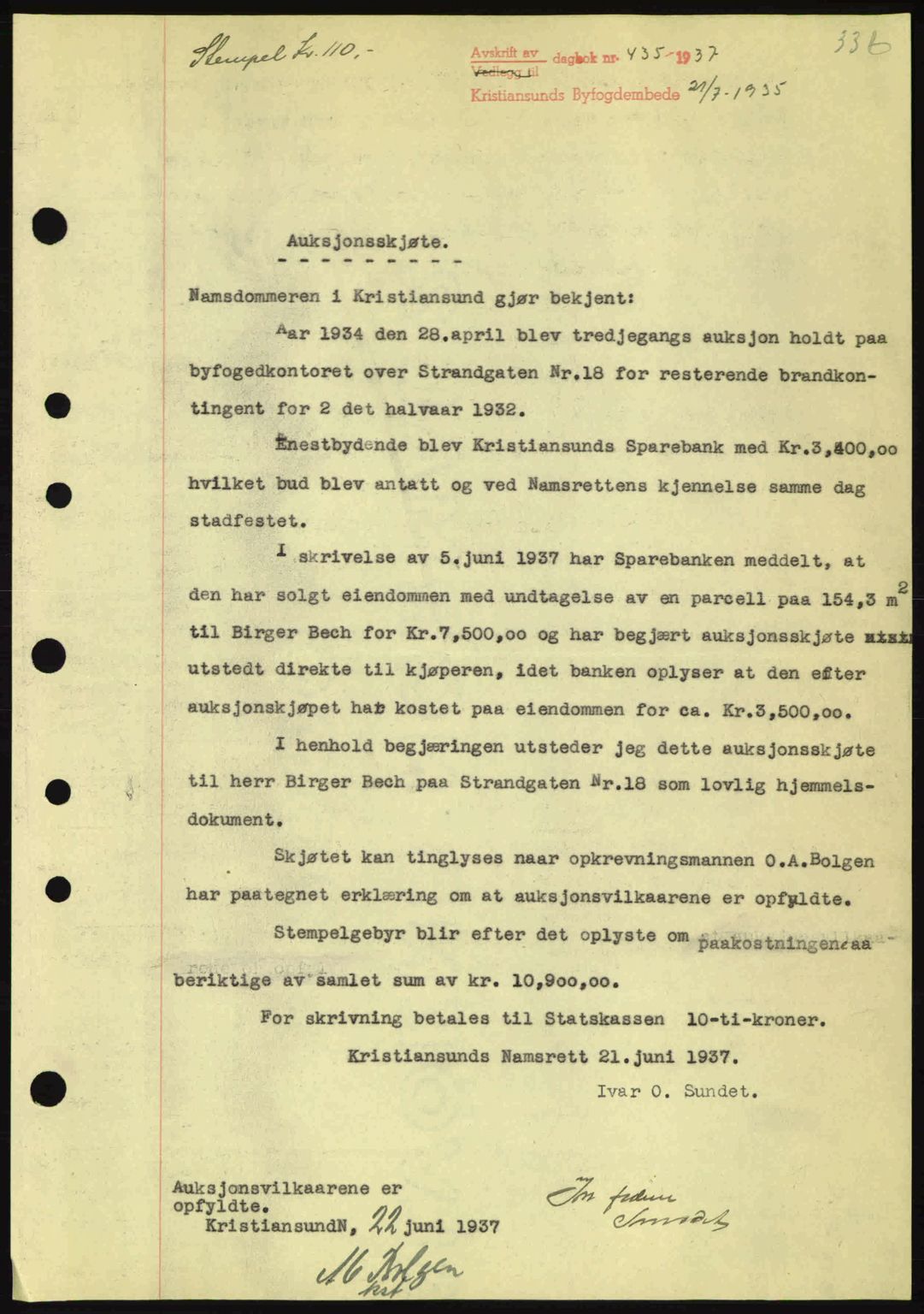 Kristiansund byfogd, AV/SAT-A-4587/A/27: Mortgage book no. 30, 1936-1941, Diary no: : 435/1937