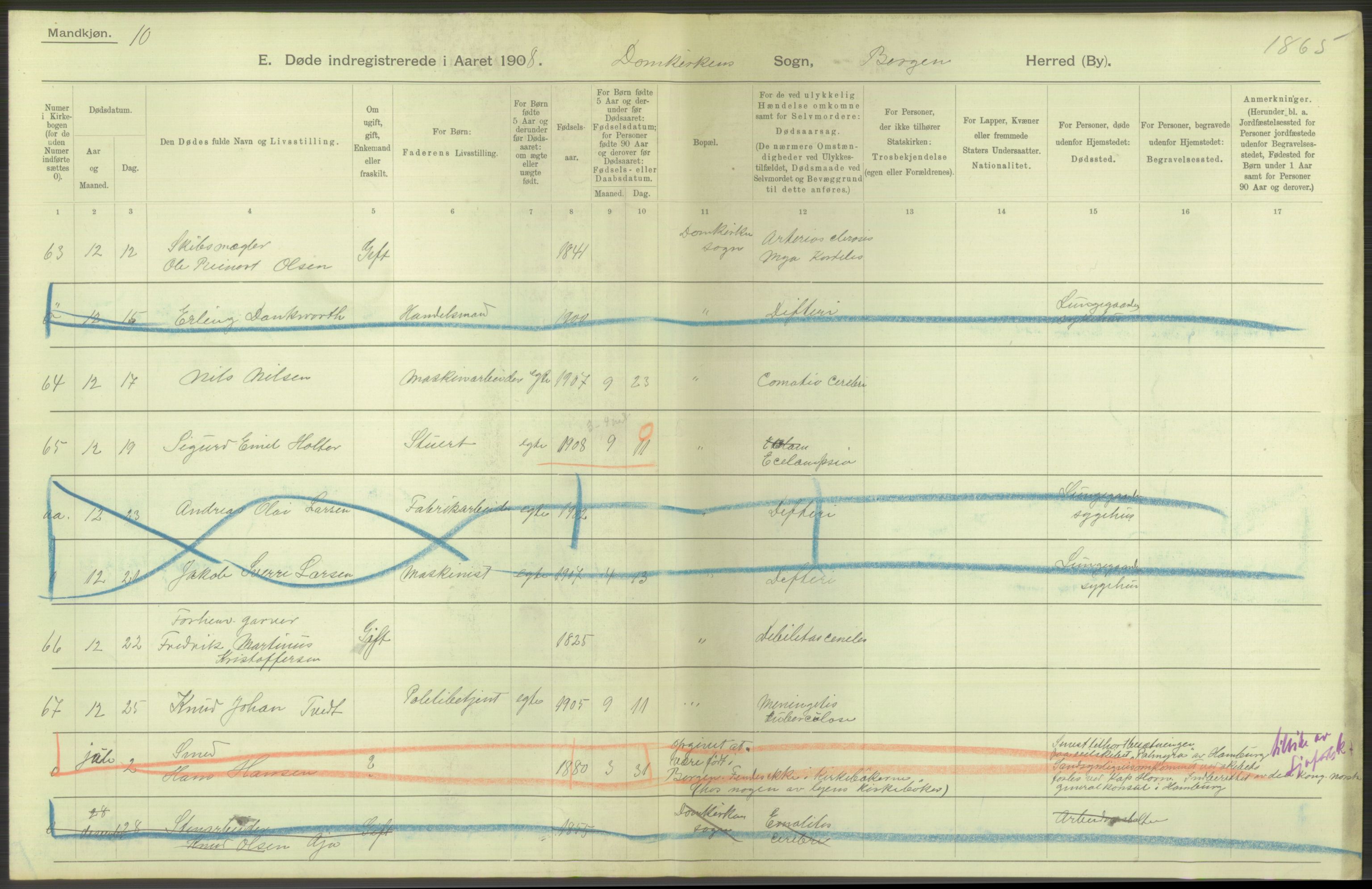 Statistisk sentralbyrå, Sosiodemografiske emner, Befolkning, AV/RA-S-2228/D/Df/Dfa/Dfaf/L0031: Bergen: Gifte, døde, dødfødte., 1908, p. 148