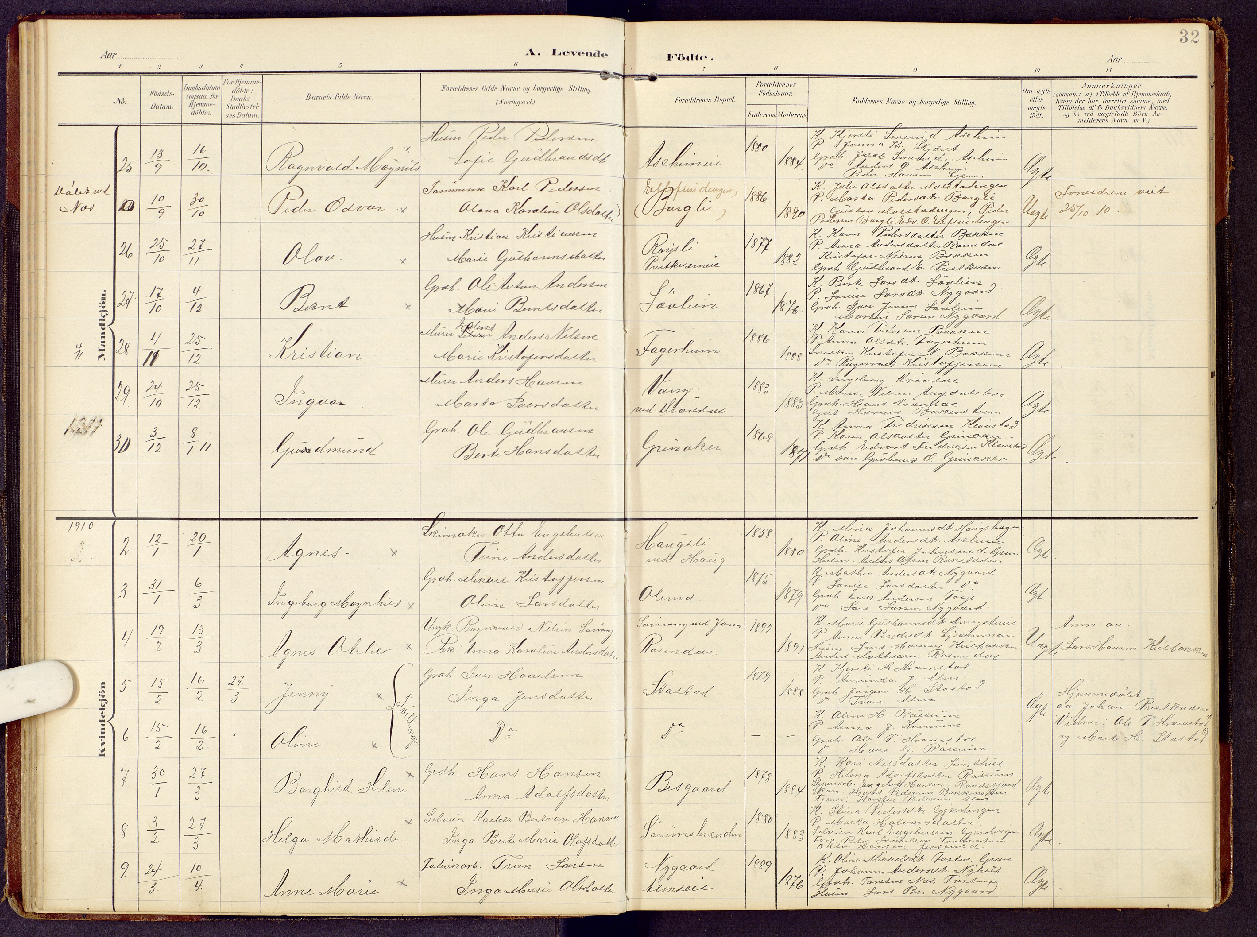 Brandbu prestekontor, SAH/PREST-114/H/Ha/Hab/L0009: Parish register (copy) no. 9, 1903-1916, p. 32