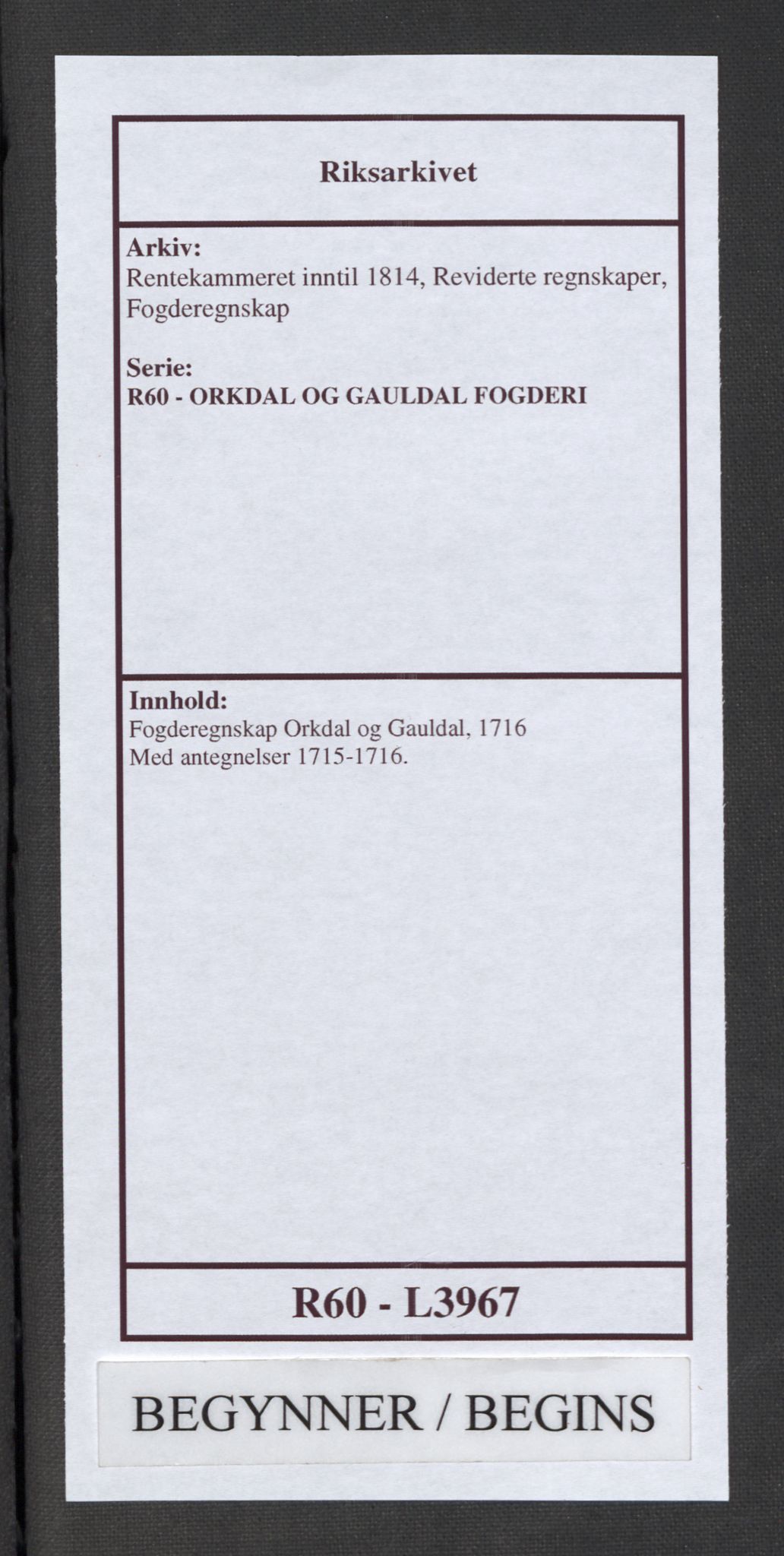 Rentekammeret inntil 1814, Reviderte regnskaper, Fogderegnskap, AV/RA-EA-4092/R60/L3967: Fogderegnskap Orkdal og Gauldal, 1716, p. 1