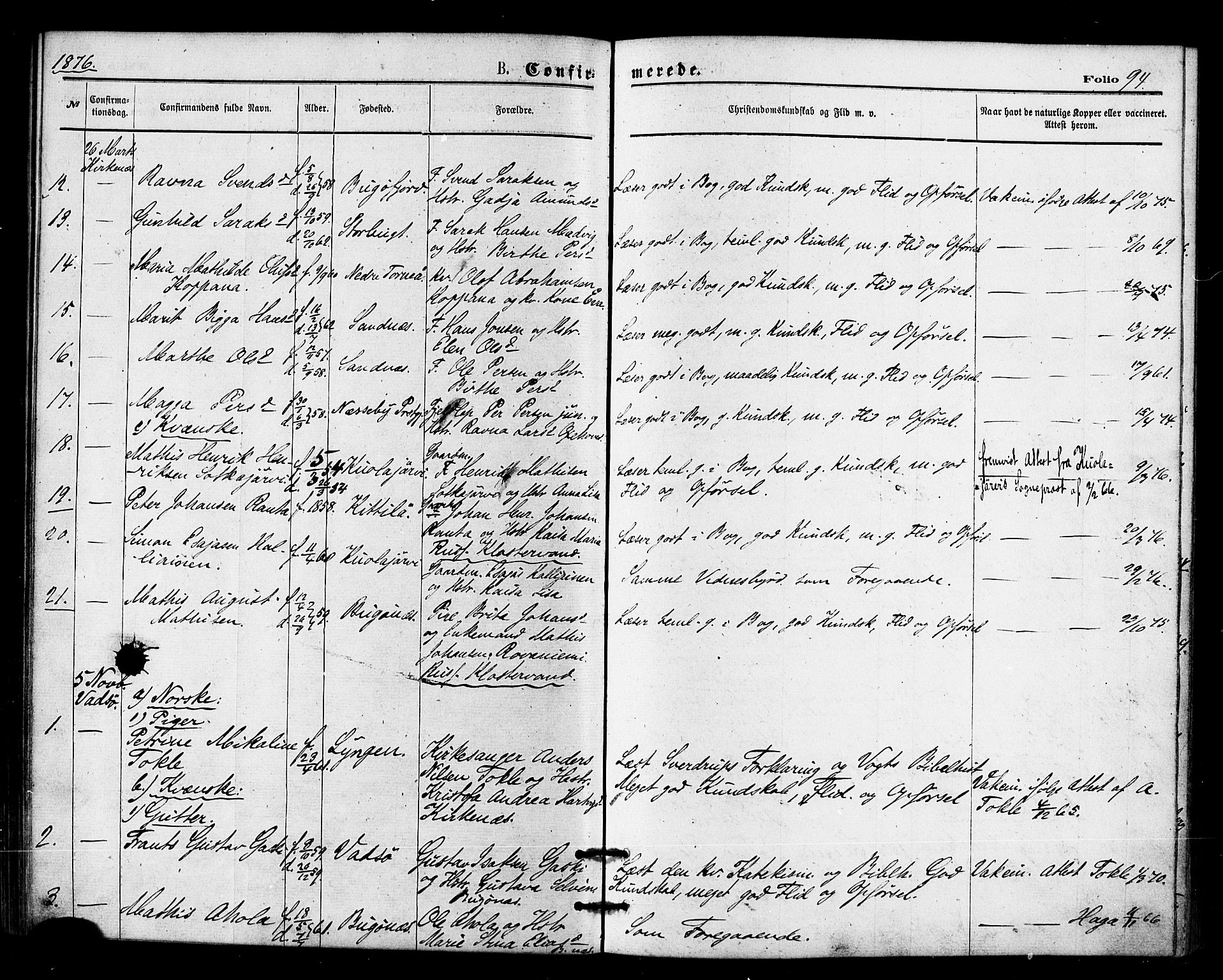 Sør-Varanger sokneprestkontor, AV/SATØ-S-1331/H/Ha/L0002kirke: Parish register (official) no. 2, 1873-1877, p. 94