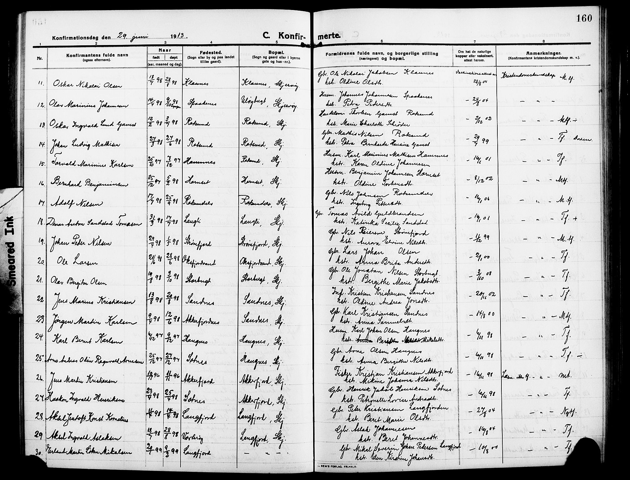 Skjervøy sokneprestkontor, AV/SATØ-S-1300/H/Ha/Hab/L0009klokker: Parish register (copy) no. 9, 1911-1926, p. 160