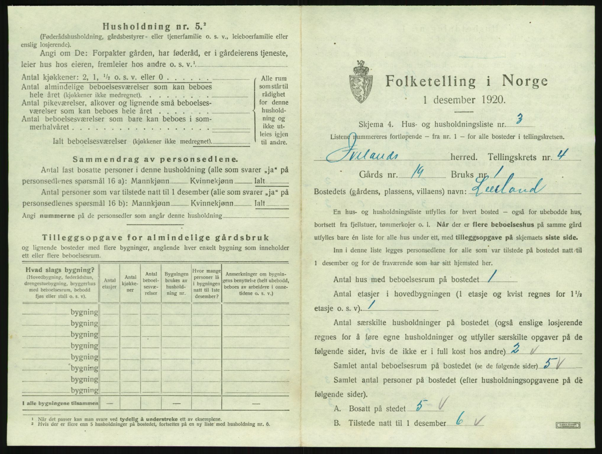 SAK, 1920 census for Iveland, 1920, p. 197