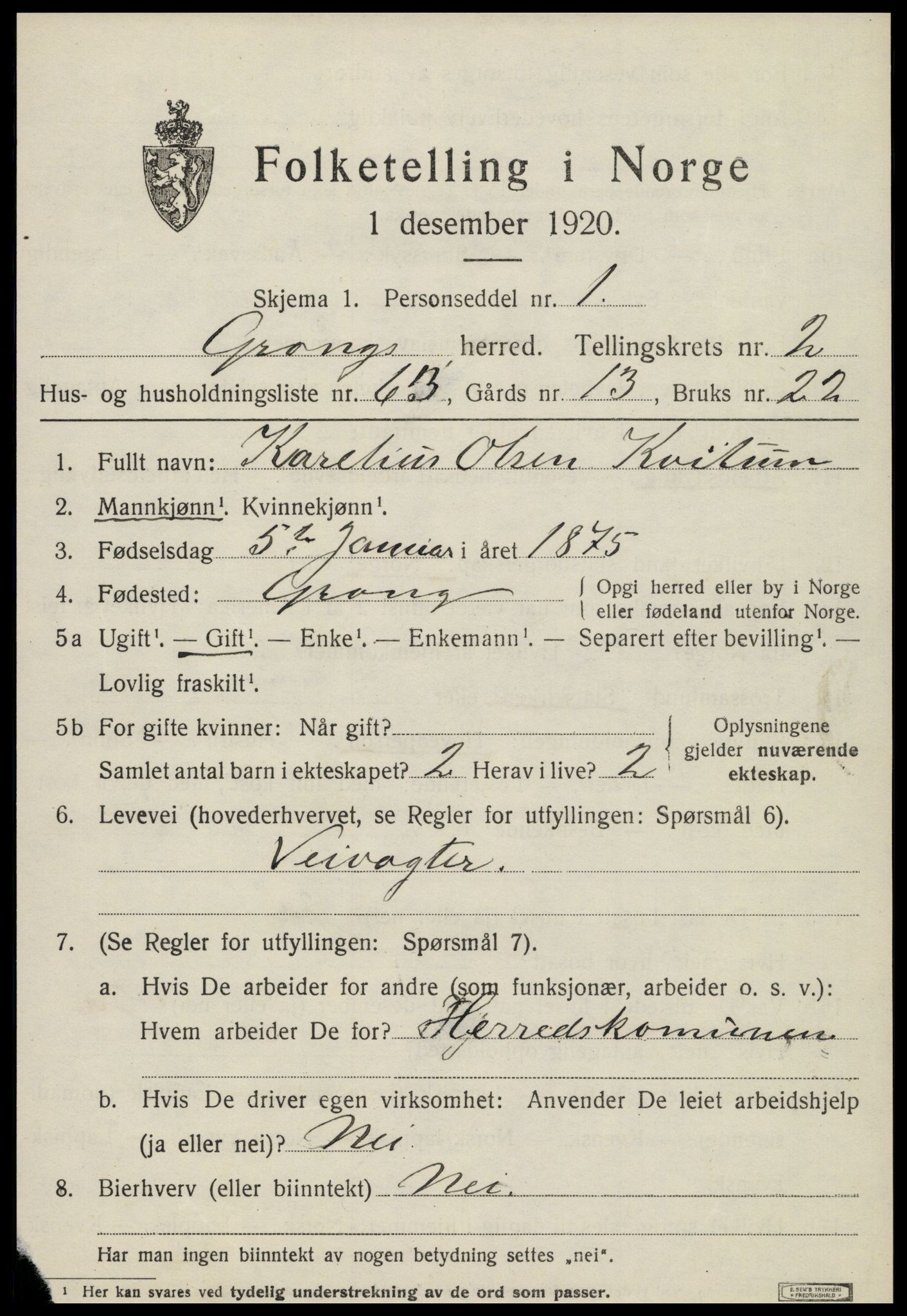 SAT, 1920 census for Grong, 1920, p. 2181