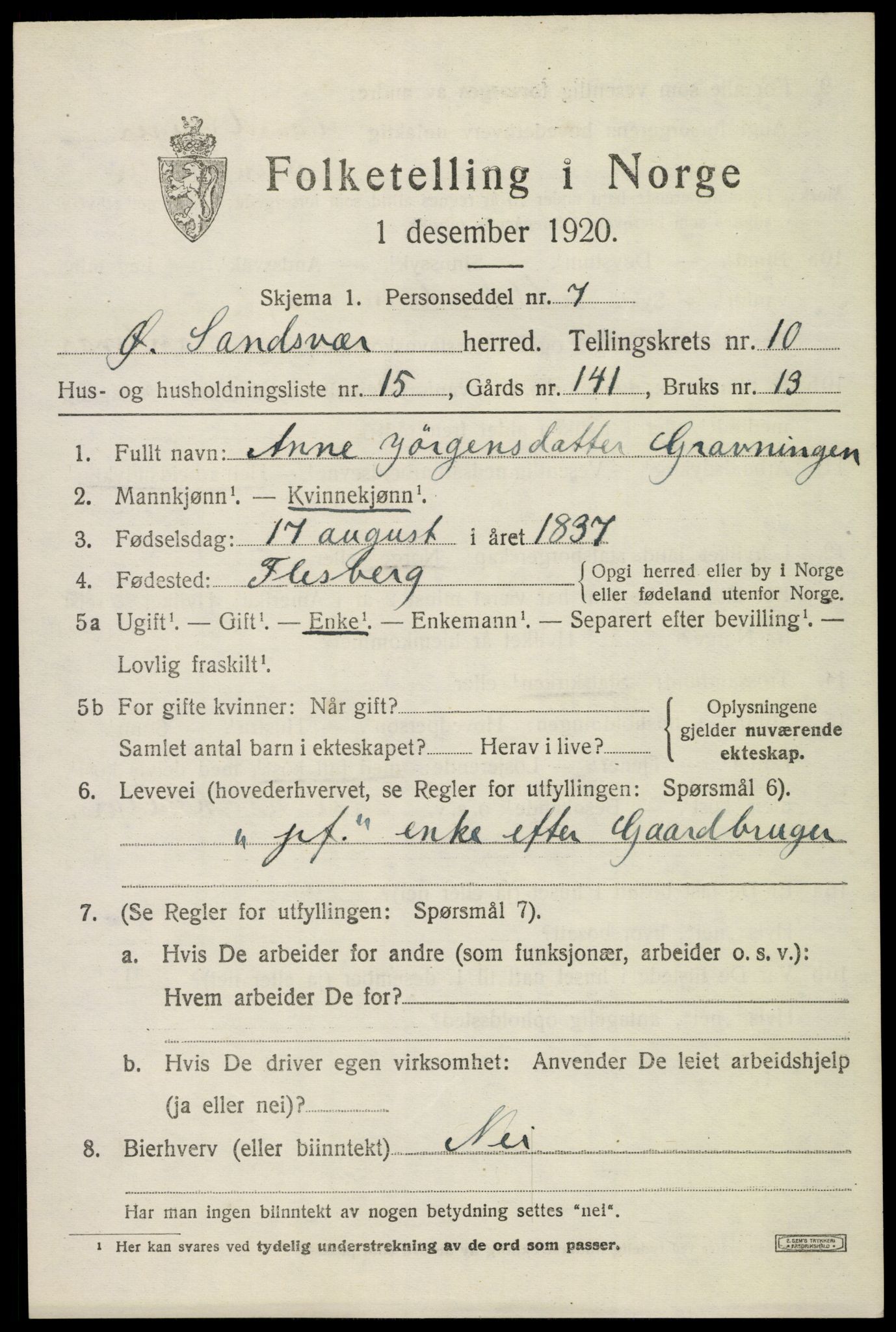 SAKO, 1920 census for Øvre Sandsvær, 1920, p. 5714