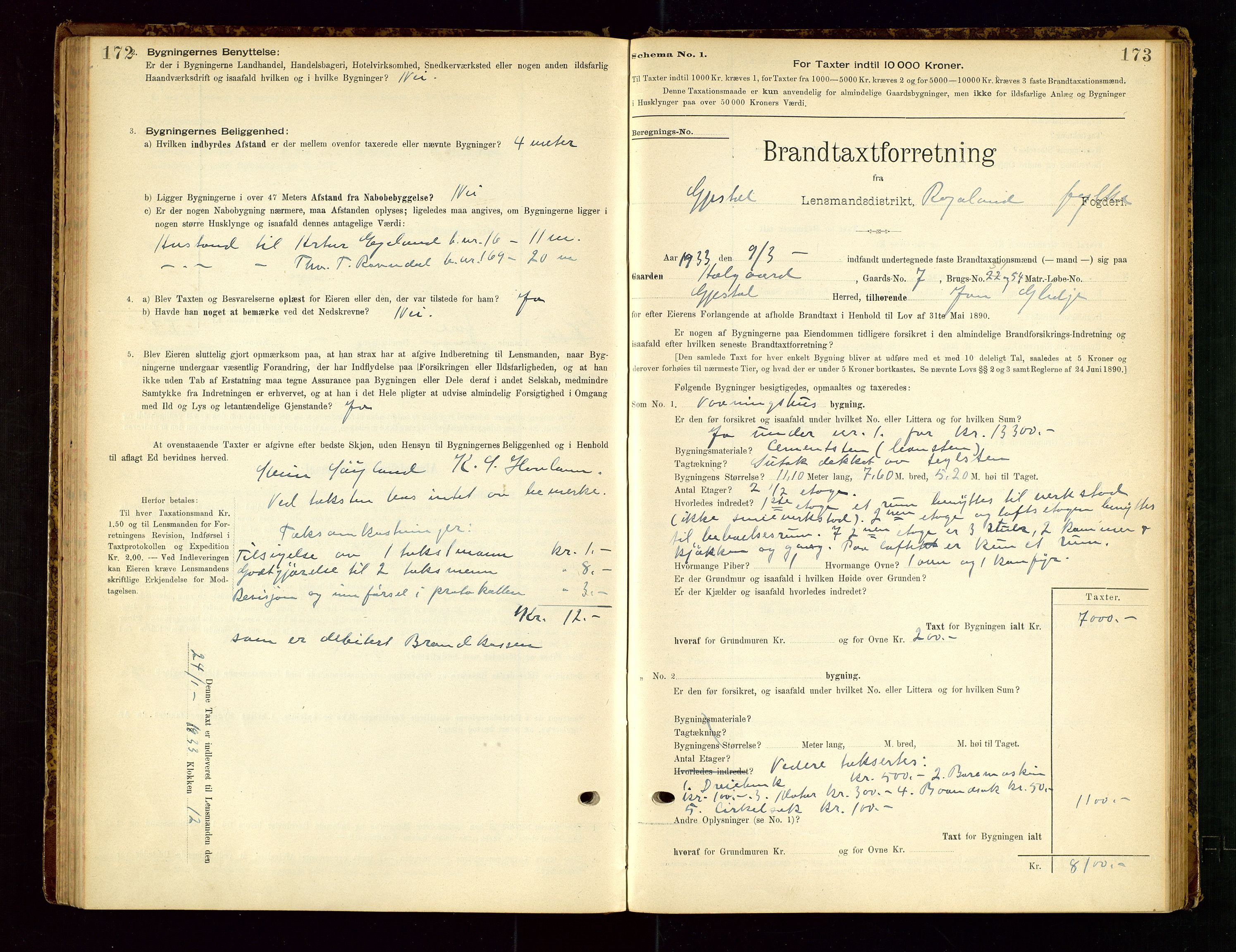 Gjesdal lensmannskontor, AV/SAST-A-100441/Go/L0007: Branntakstskjemaprotokoll, 1894-1937, p. 172-173