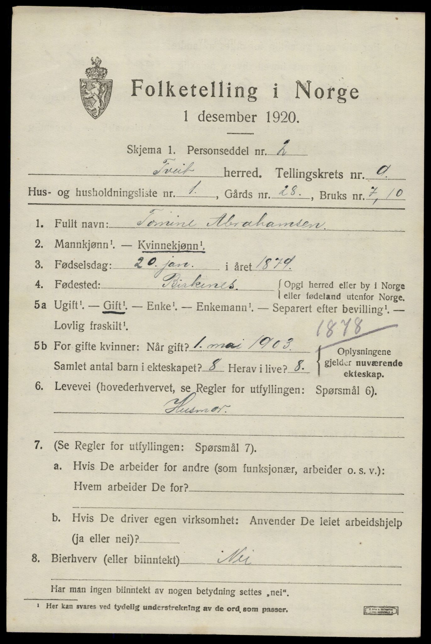 SAK, 1920 census for Tveit, 1920, p. 3870