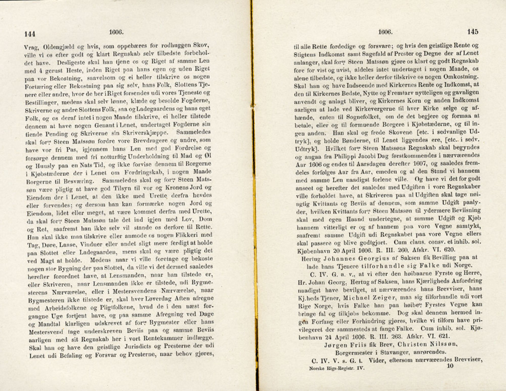 Publikasjoner utgitt av Det Norske Historiske Kildeskriftfond, PUBL/-/-/-: Norske Rigs-Registranter, bind 4, 1603-1618, p. 144-145