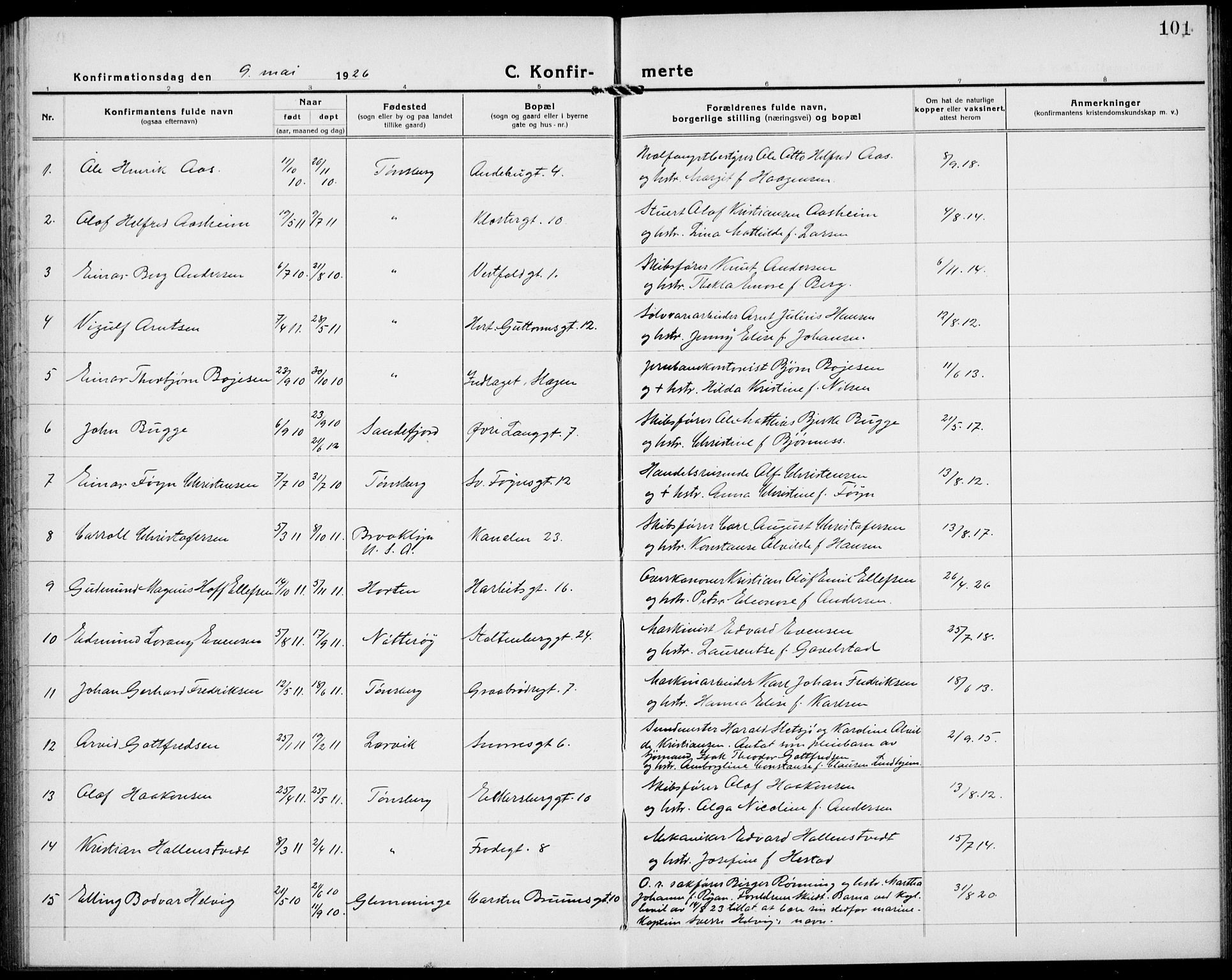 Tønsberg kirkebøker, AV/SAKO-A-330/G/Ga/L0013: Parish register (copy) no. 13, 1920-1929, p. 101