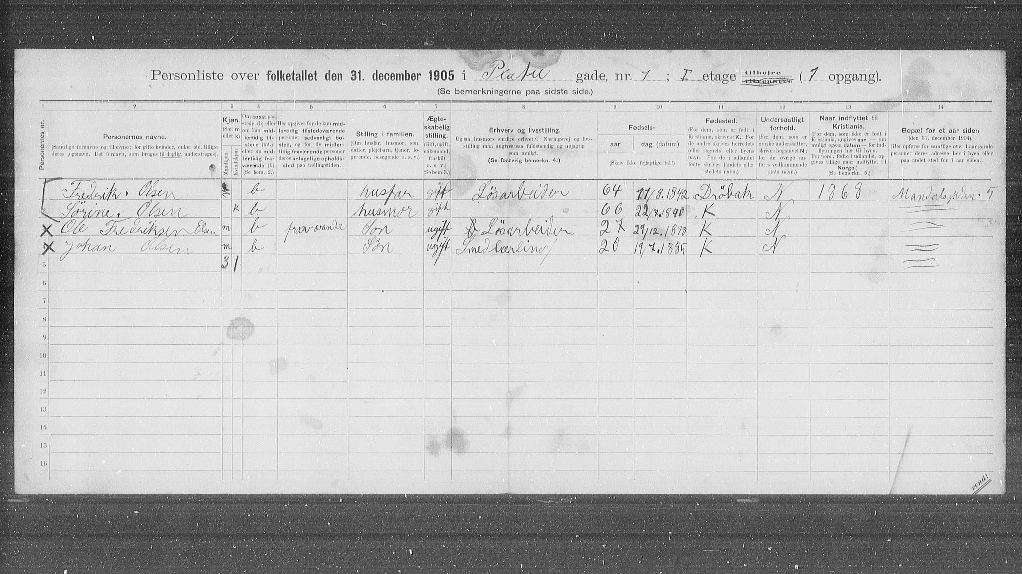 OBA, Municipal Census 1905 for Kristiania, 1905, p. 42209