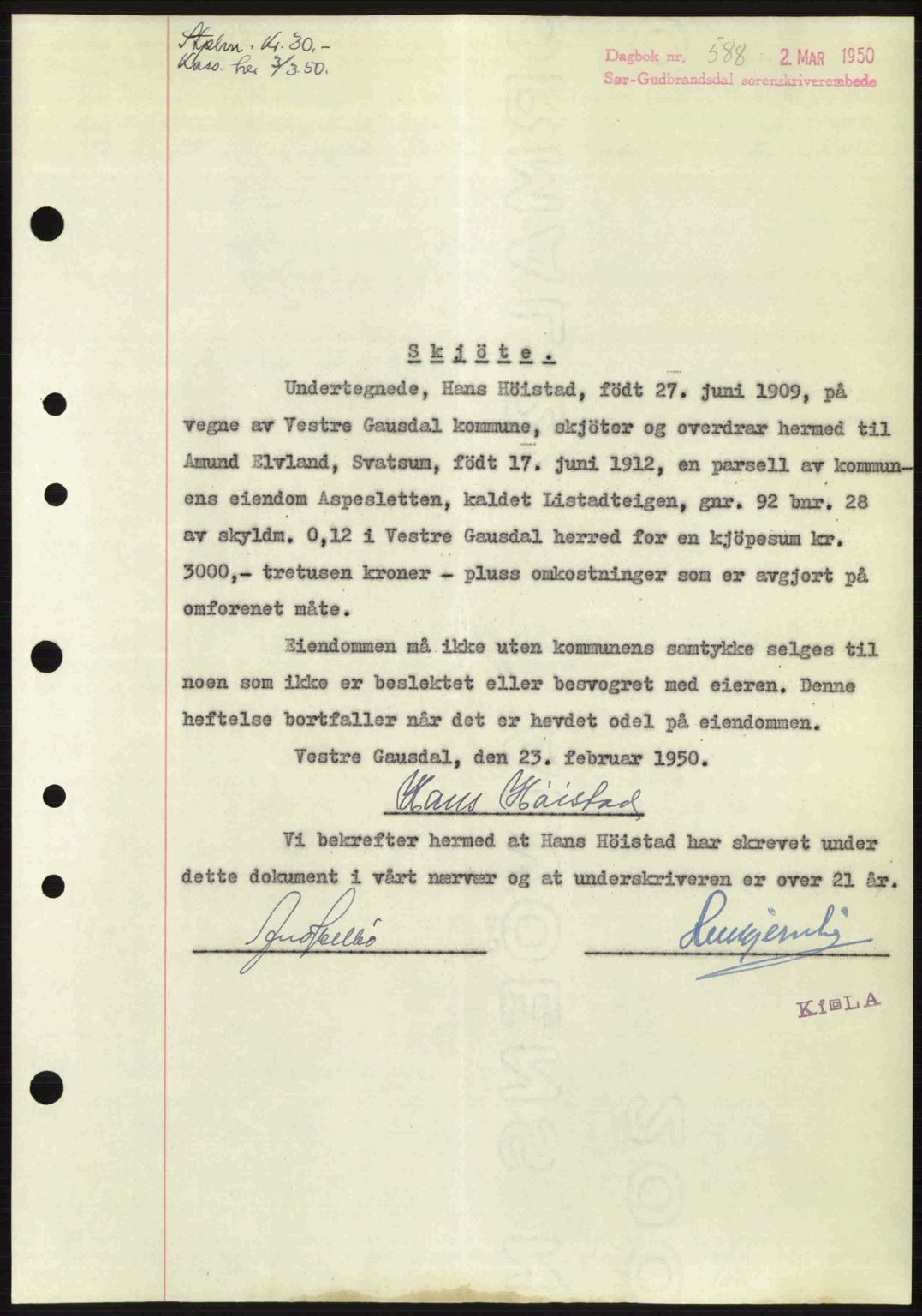 Sør-Gudbrandsdal tingrett, AV/SAH-TING-004/H/Hb/Hbd/L0027: Mortgage book no. A27, 1949-1950, Diary no: : 588/1950