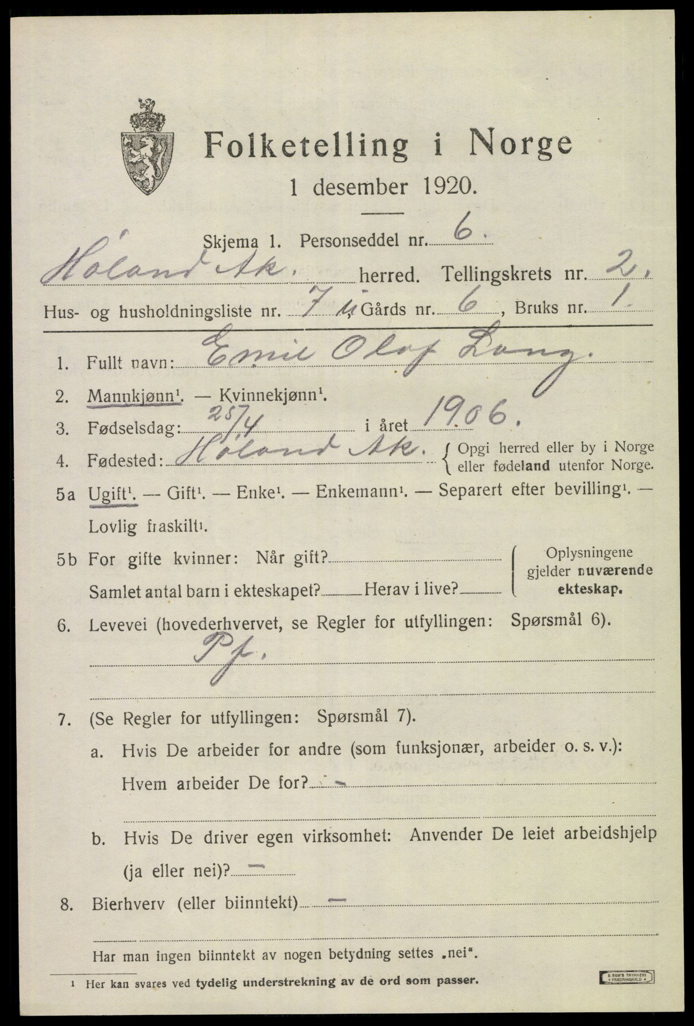 SAO, 1920 census for Høland, 1920, p. 4055