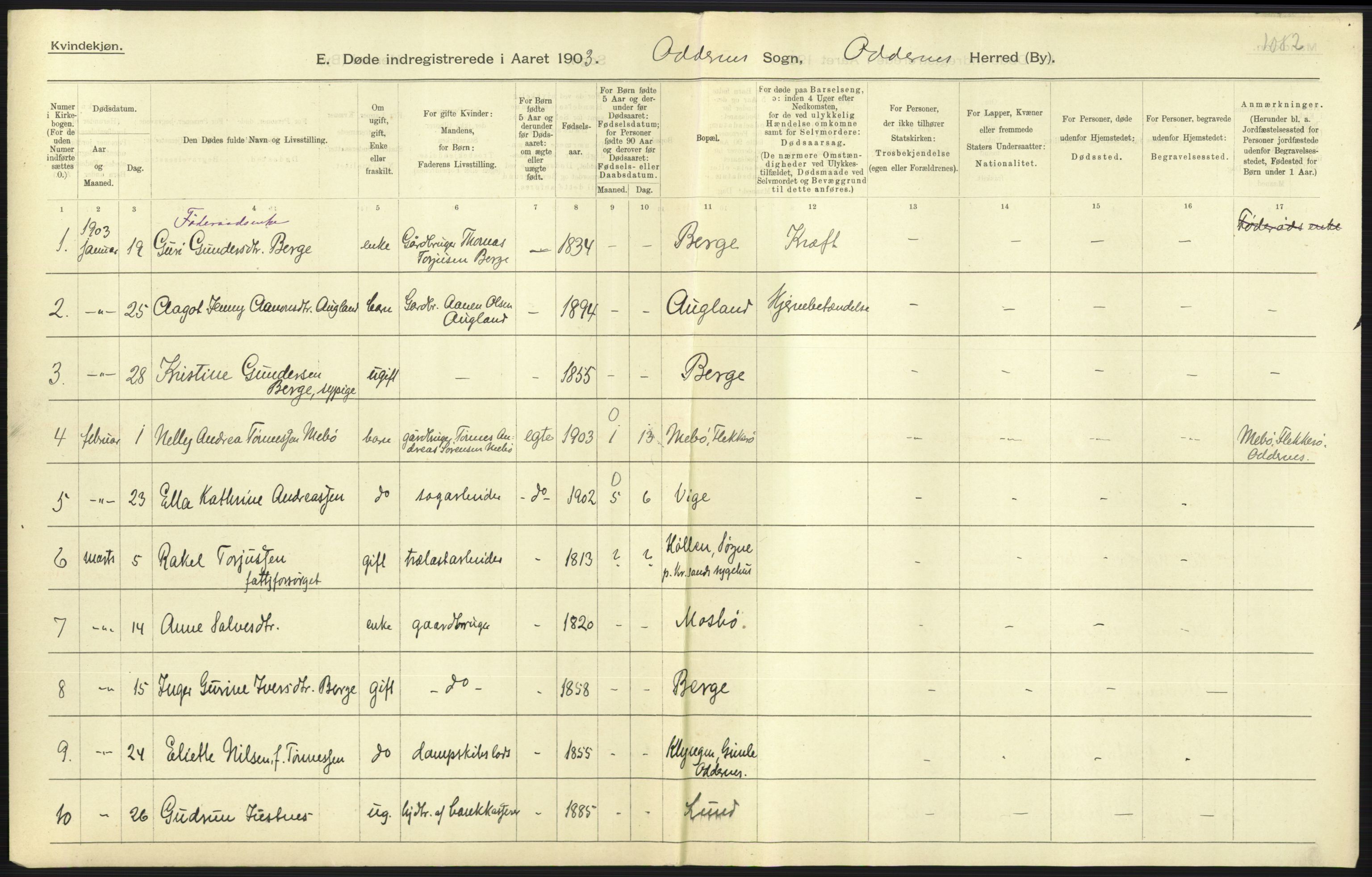 Statistisk sentralbyrå, Sosiodemografiske emner, Befolkning, AV/RA-S-2228/D/Df/Dfa/Dfaa/L0011: Lister og Mandal amt: Fødte, gifte, døde, 1903, p. 501