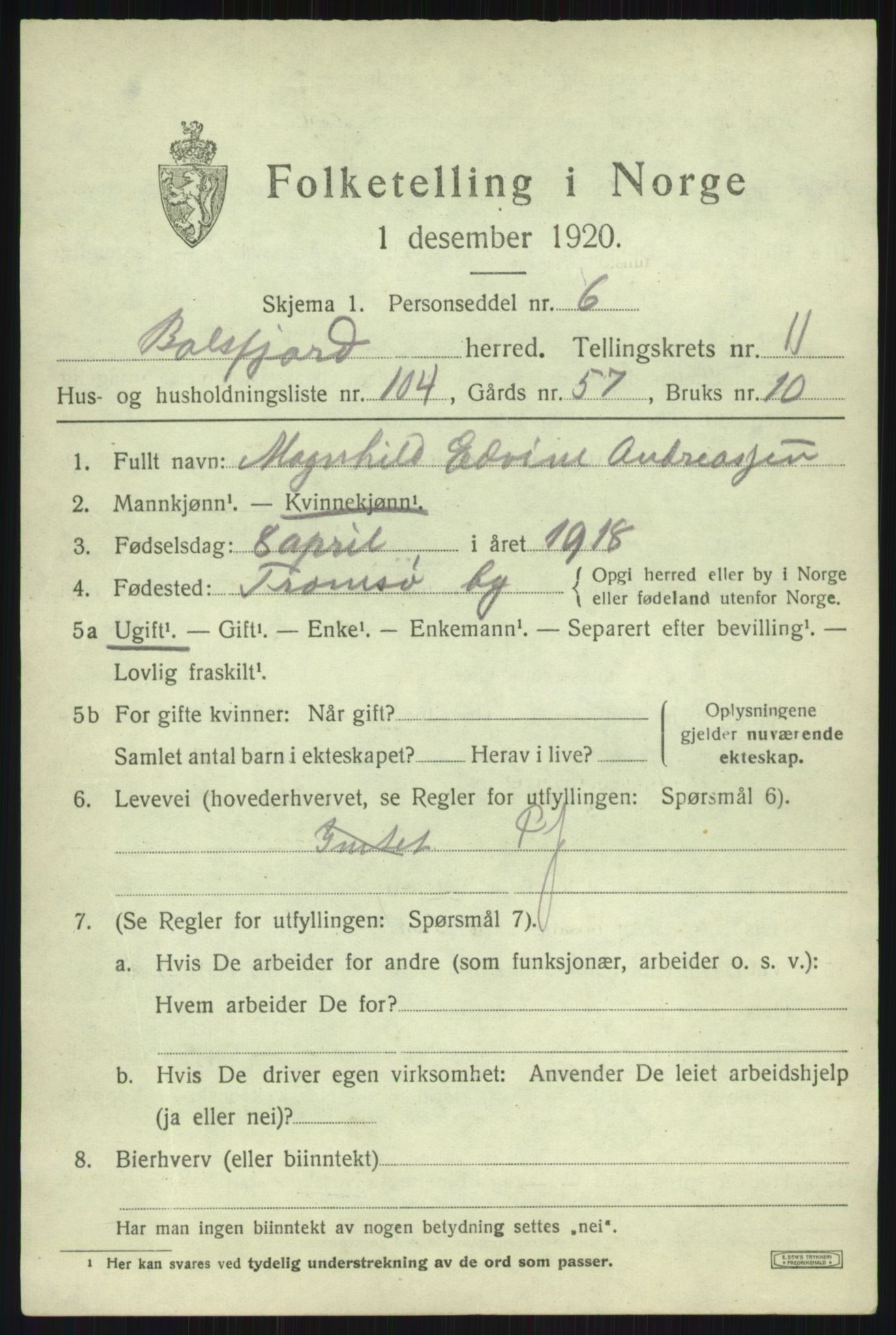 SATØ, 1920 census for Balsfjord, 1920, p. 7206