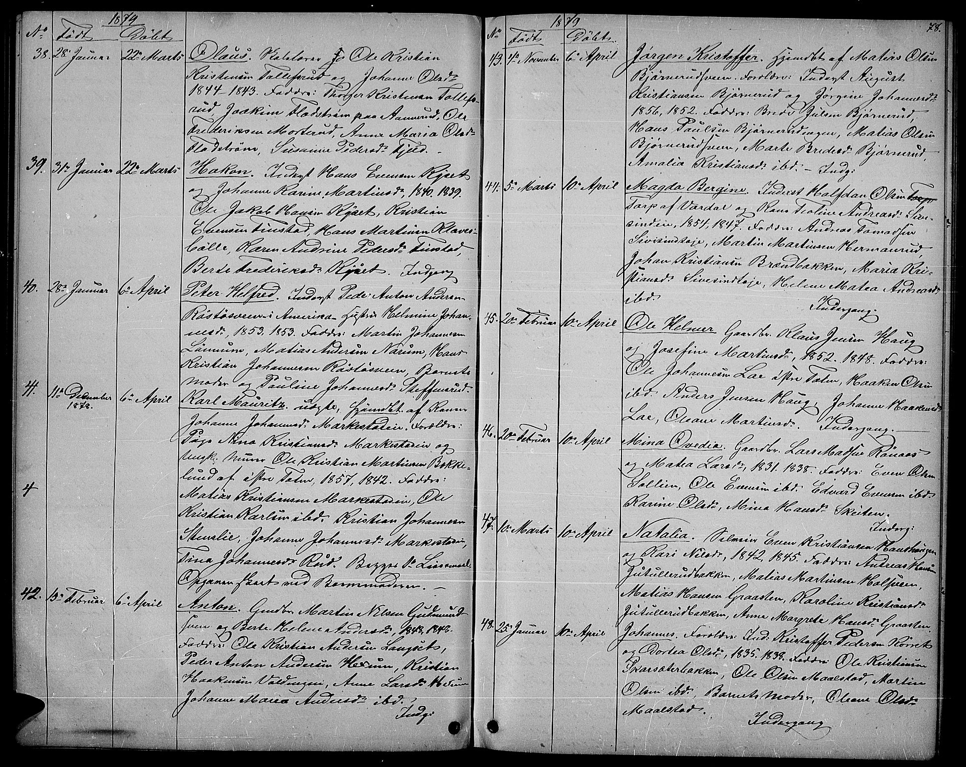 Vestre Toten prestekontor, SAH/PREST-108/H/Ha/Hab/L0006: Parish register (copy) no. 6, 1870-1887, p. 78