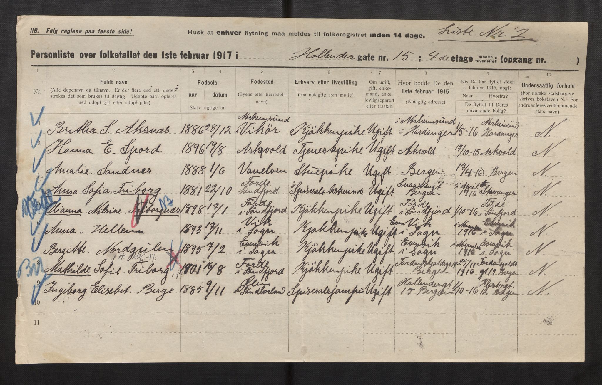 SAB, Municipal Census 1917 for Bergen, 1917, p. 15016