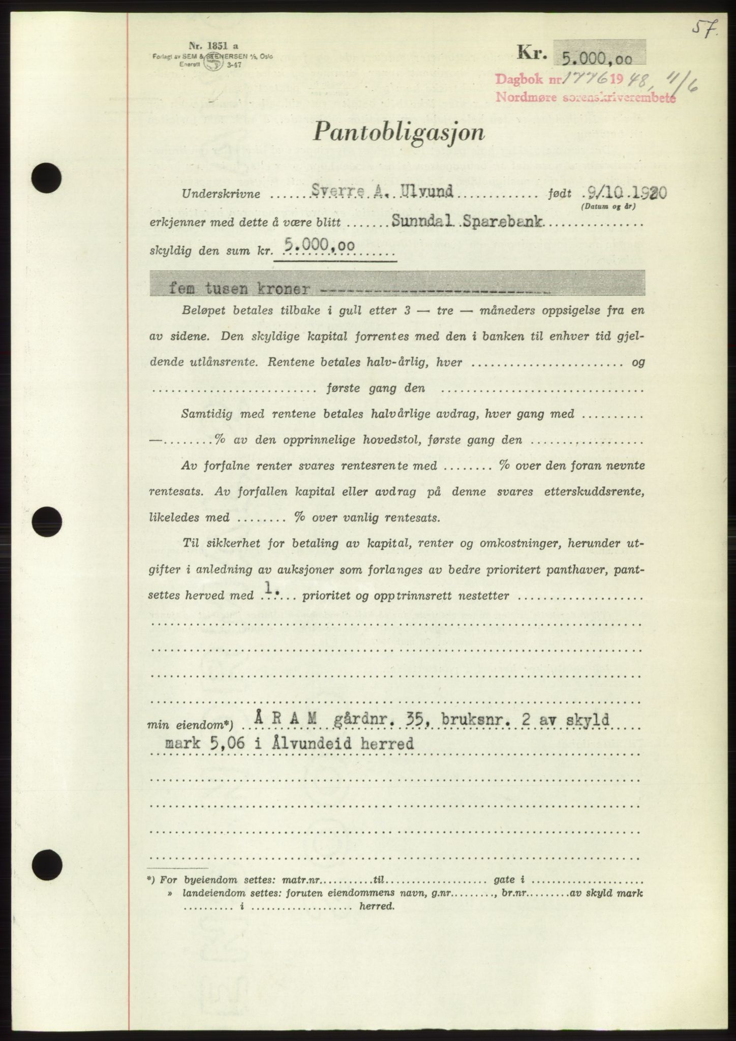 Nordmøre sorenskriveri, AV/SAT-A-4132/1/2/2Ca: Mortgage book no. B99, 1948-1948, Diary no: : 1776/1948