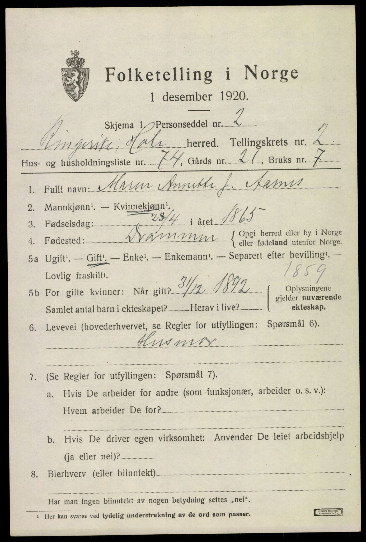 SAKO, 1920 census for Hole, 1920, p. 2723