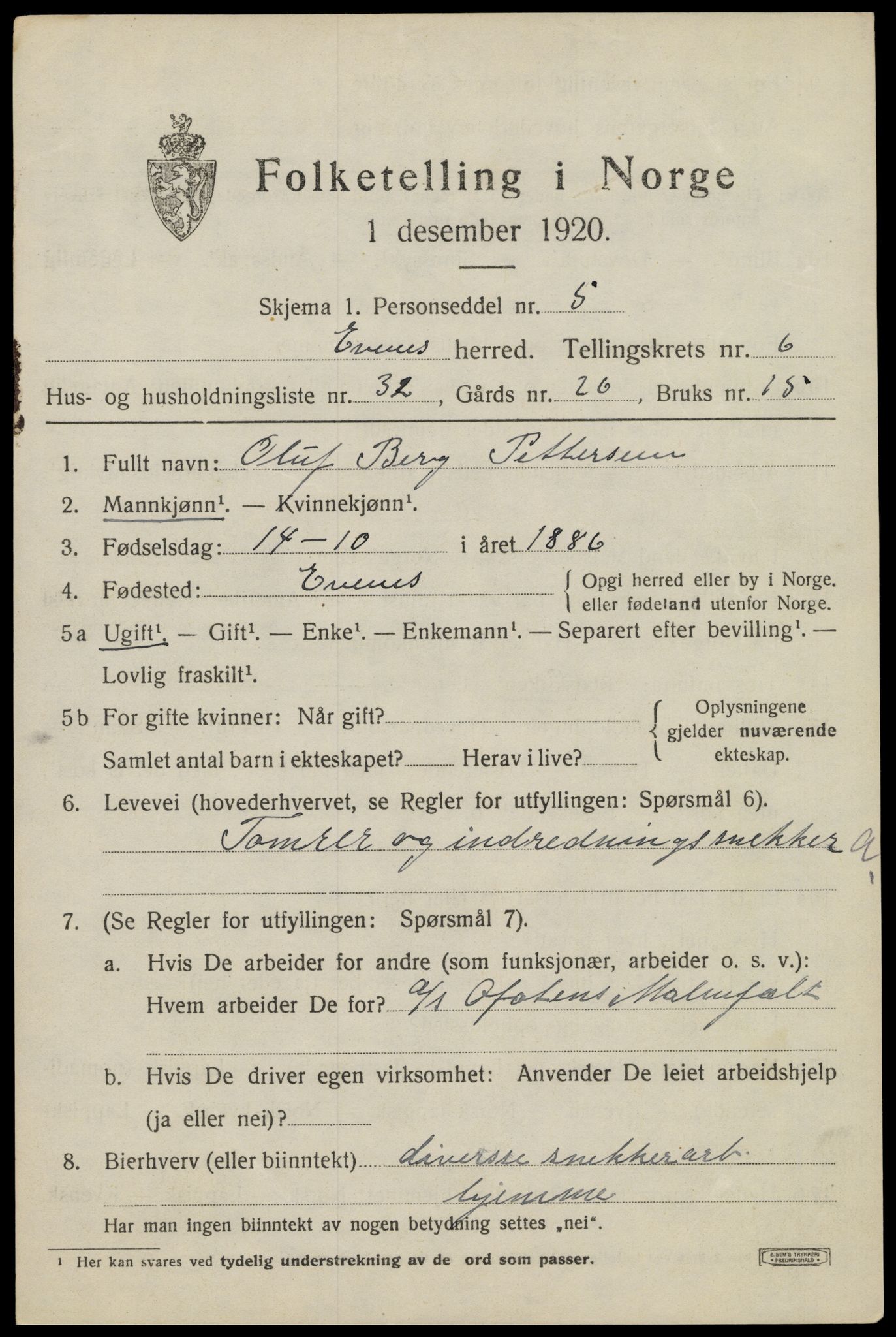 SAT, 1920 census for Evenes, 1920, p. 5852