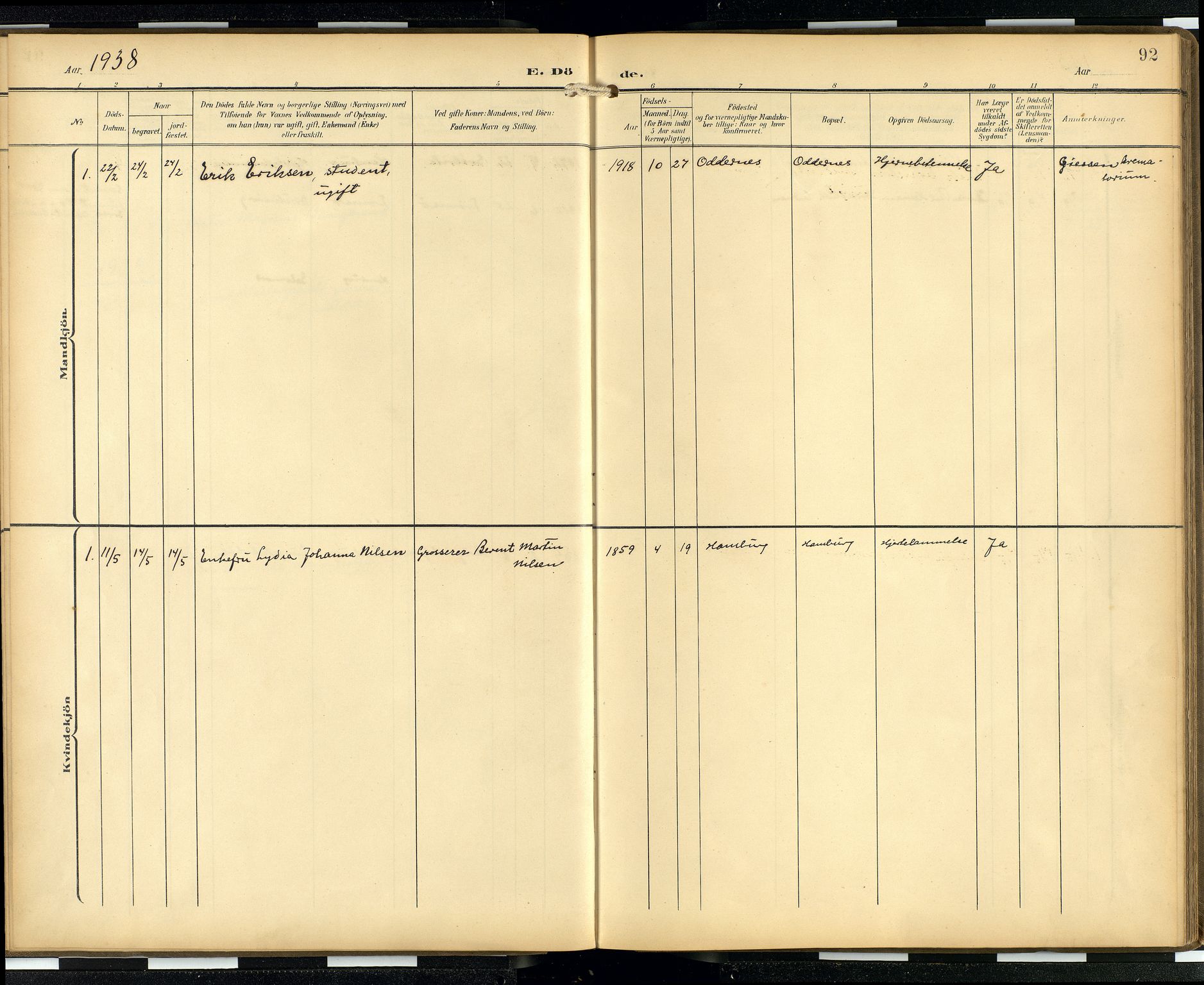 Den norske sjømannsmisjon i utlandet/Hamburg, AV/SAB-SAB/PA-0107/H/Ha/L0001: Parish register (official) no. A 1, 1907-1951, p. 91b-92a