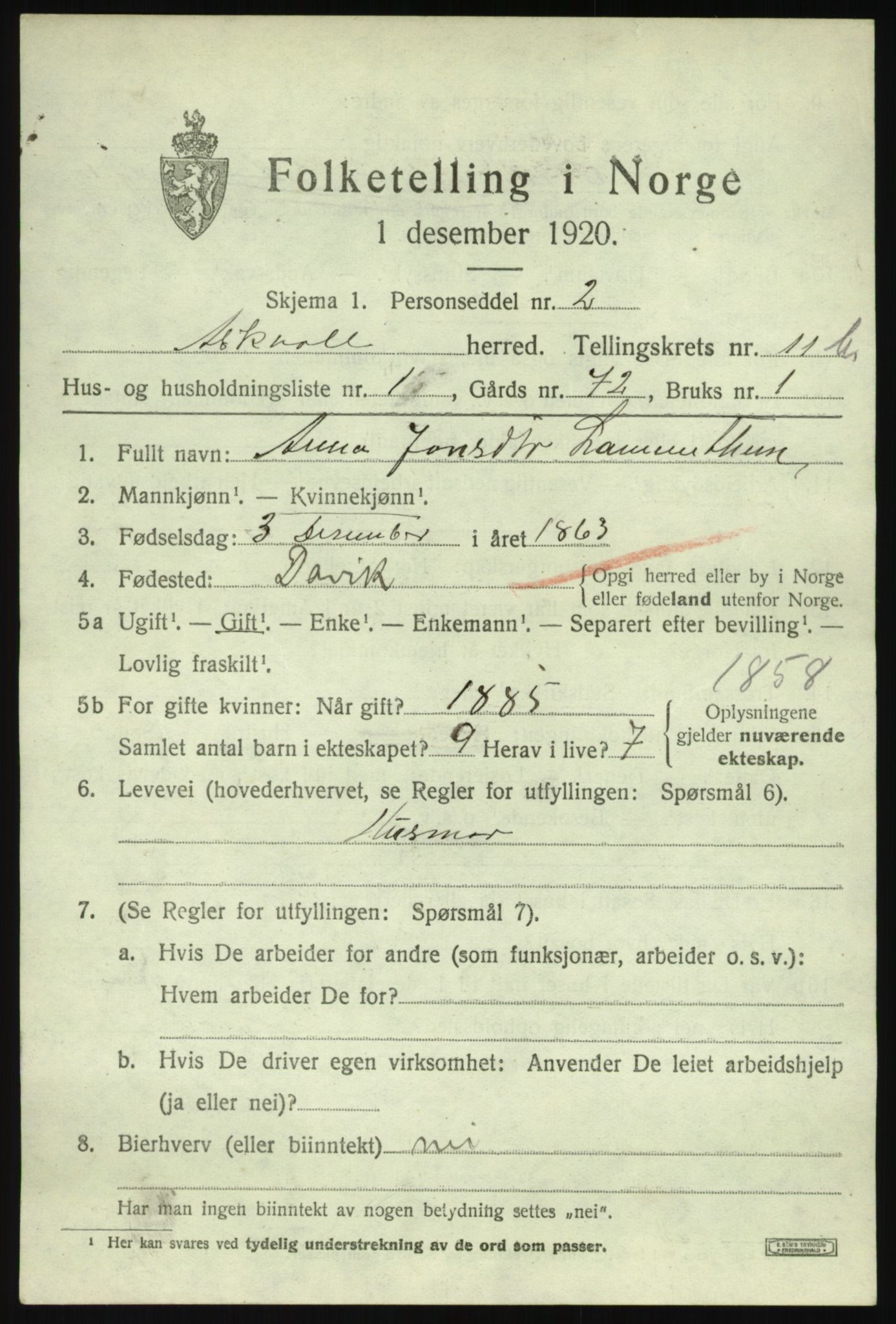 SAB, 1920 census for Askvoll, 1920, p. 4572