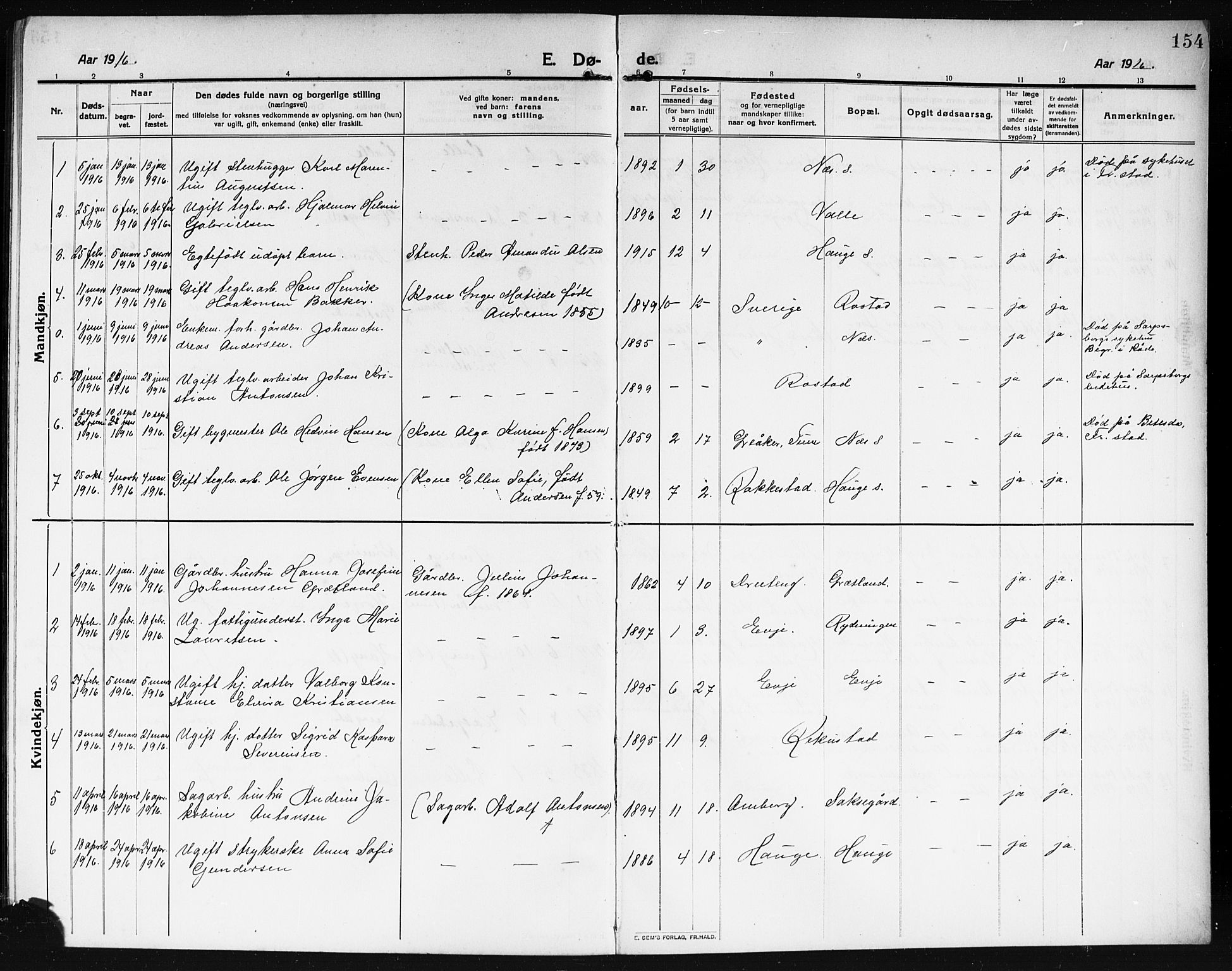 Rolvsøy prestekontor Kirkebøker, AV/SAO-A-2004/G/Ga/L0001: Parish register (copy) no. 1, 1911-1920, p. 154