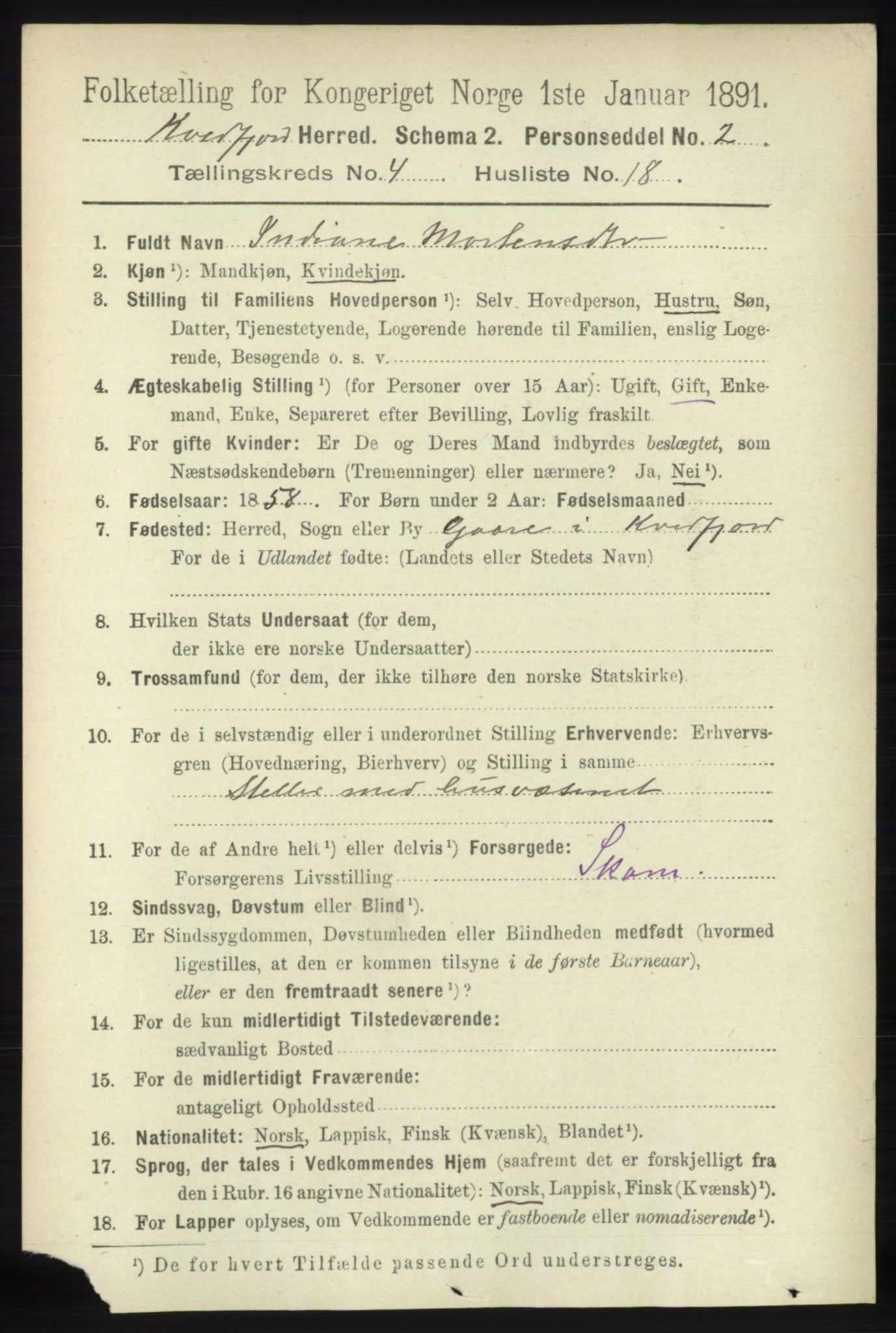 RA, 1891 census for 1911 Kvæfjord, 1891, p. 2001