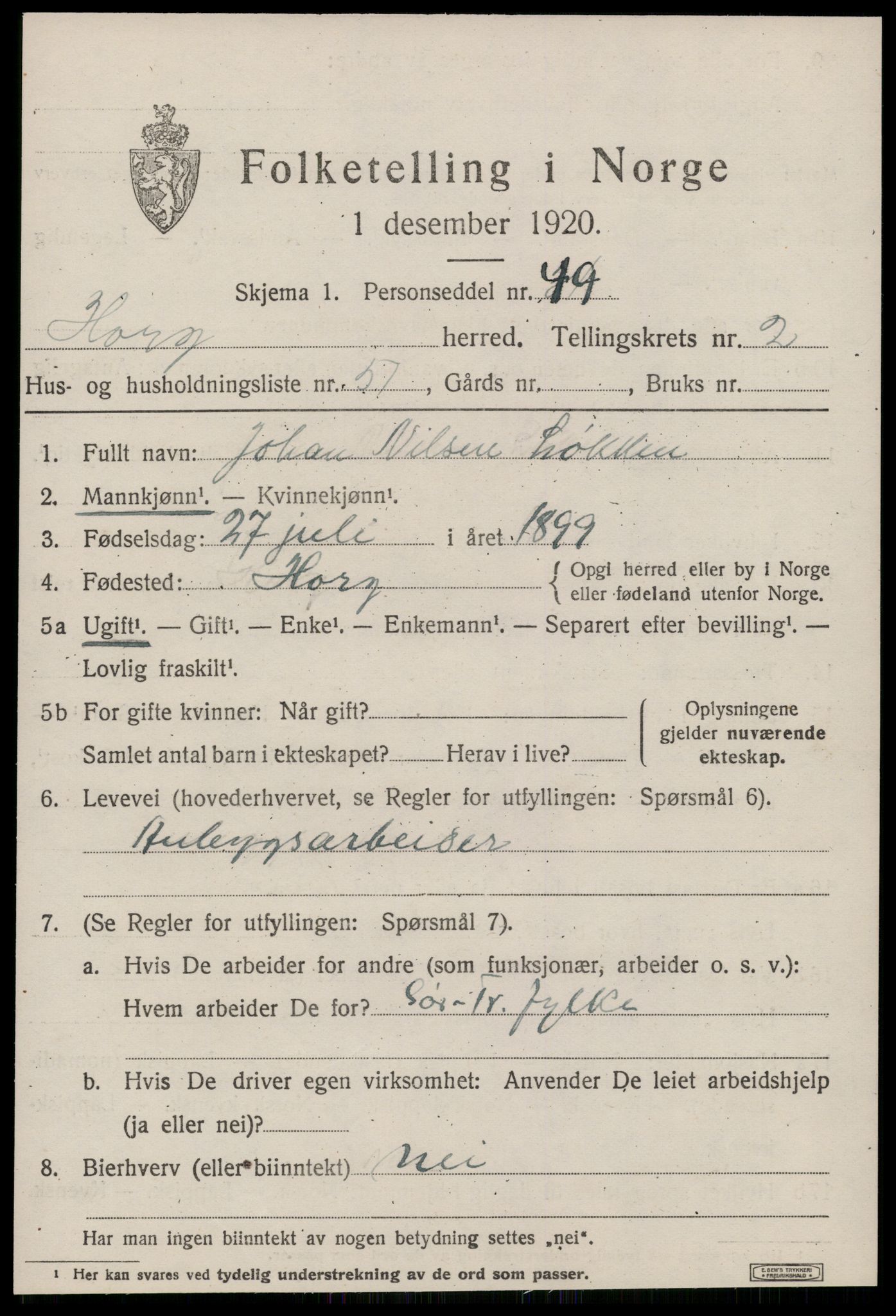 SAT, 1920 census for Horg, 1920, p. 2316