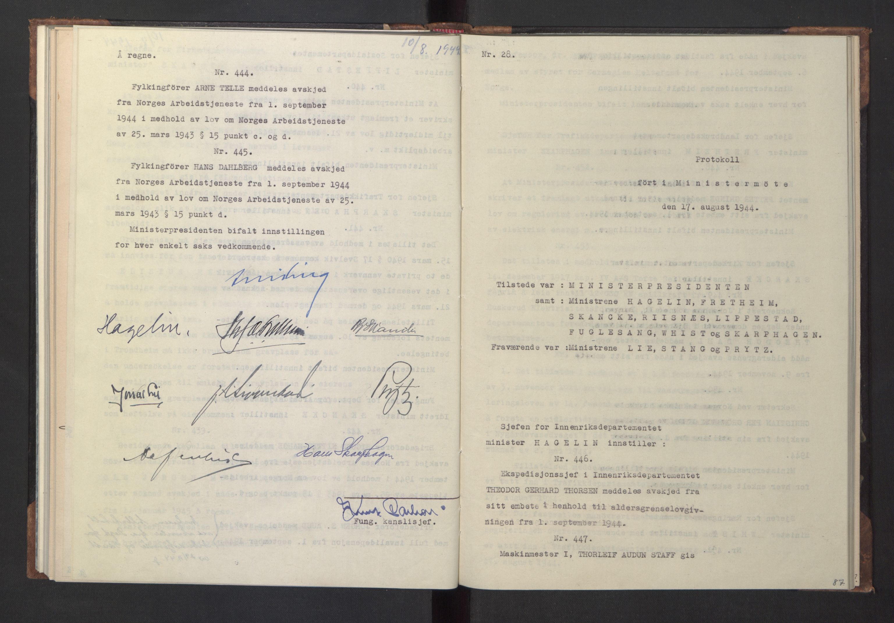 NS-administrasjonen 1940-1945 (Statsrådsekretariatet, de kommisariske statsråder mm), RA/S-4279/D/Da/L0005: Protokoll fra ministermøter, 1944, p. 89