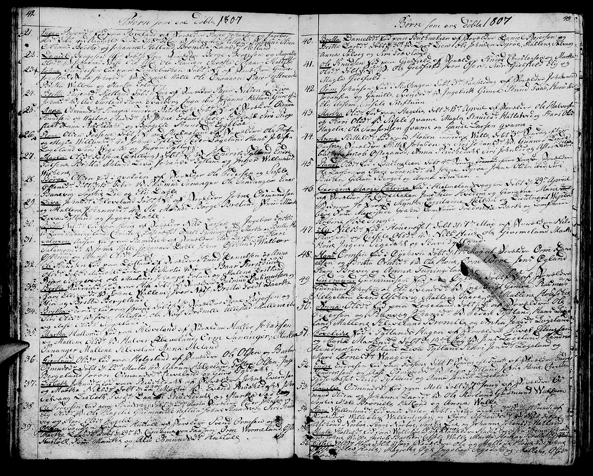 Hjelmeland sokneprestkontor, AV/SAST-A-101843/01/IV/L0002: Parish register (official) no. A 2, 1799-1816, p. 42-43