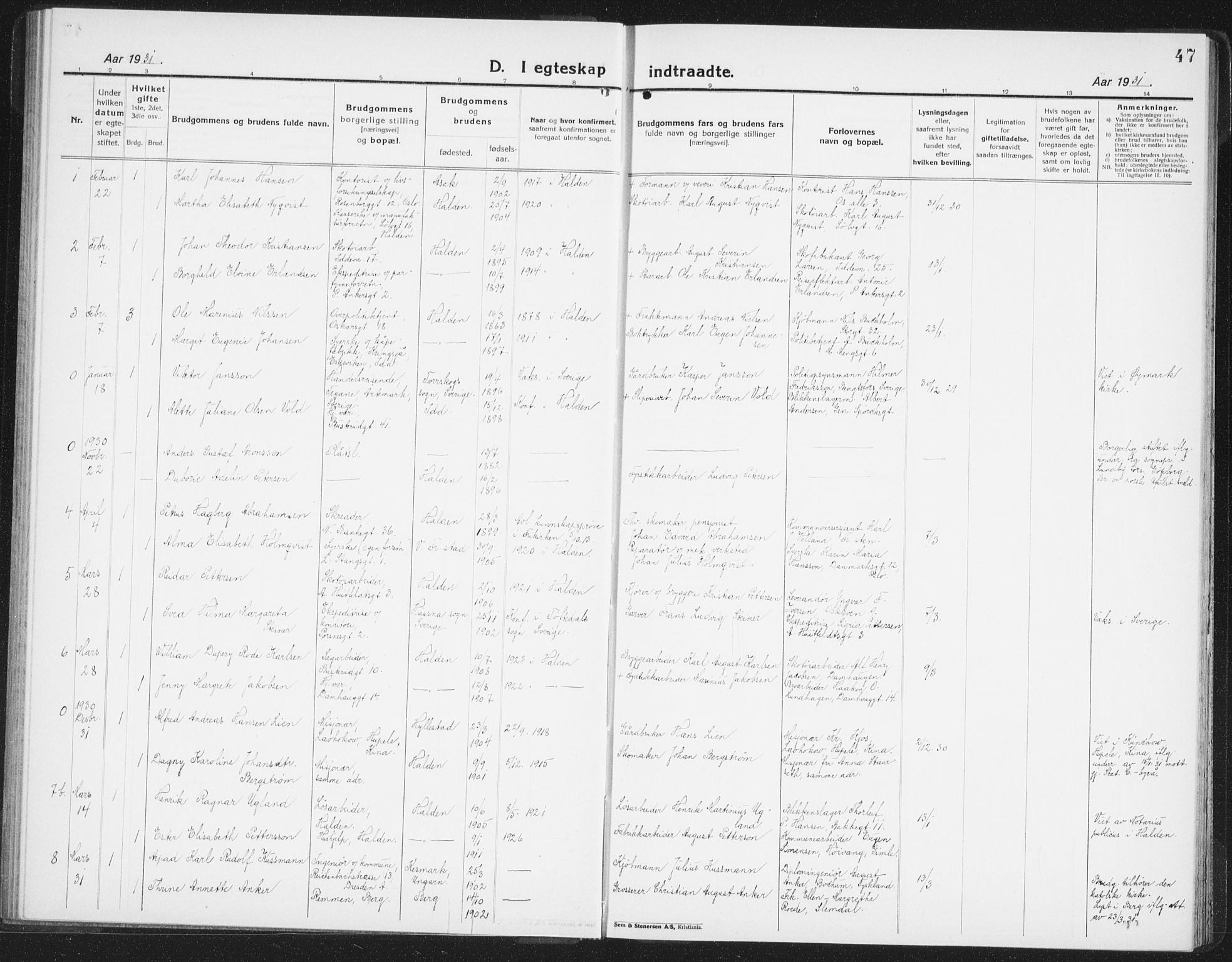 Halden prestekontor Kirkebøker, AV/SAO-A-10909/G/Ga/L0014: Parish register (copy) no. 14, 1925-1943, p. 47