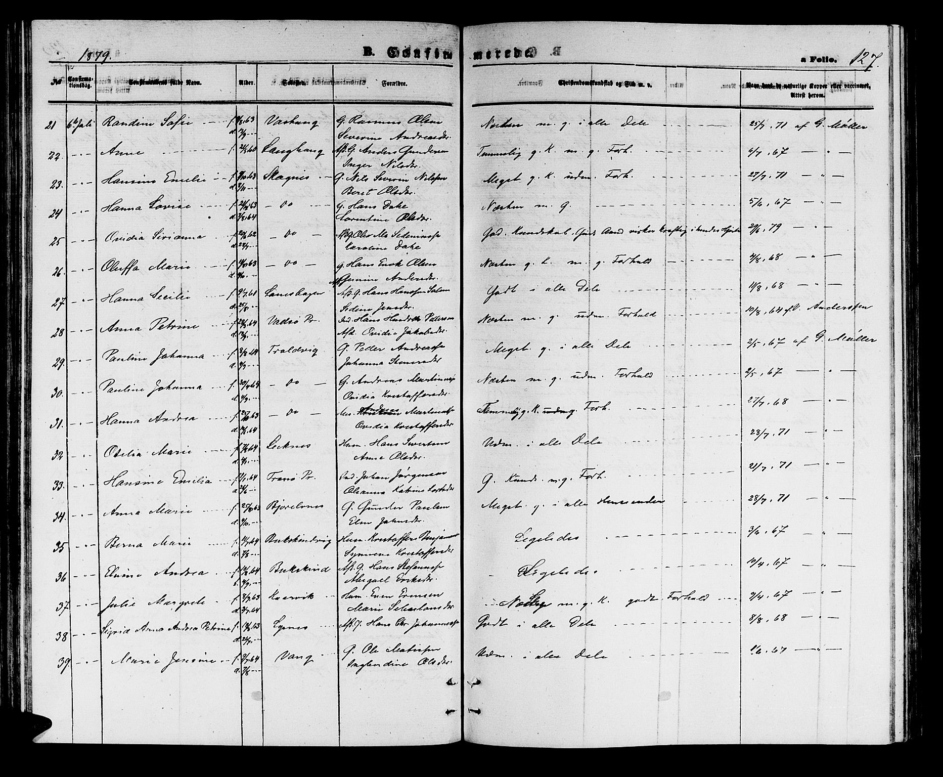 Lenvik sokneprestembete, SATØ/S-1310/H/Ha/Hab/L0005klokker: Parish register (copy) no. 5, 1870-1880, p. 127
