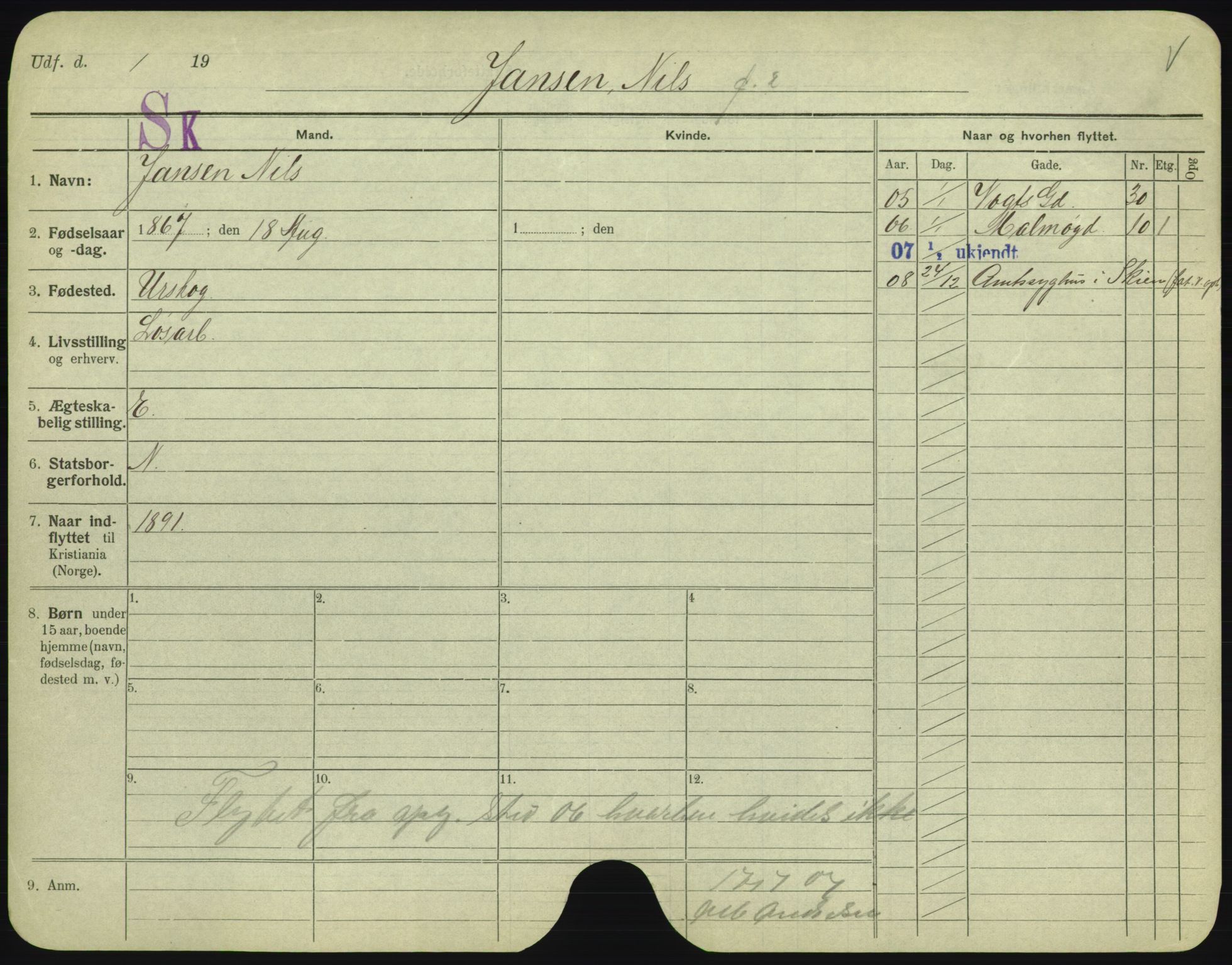 Oslo folkeregister, Registerkort, AV/SAO-A-11715/F/Fa/Fac/L0005: Menn, 1906-1914, p. 227a