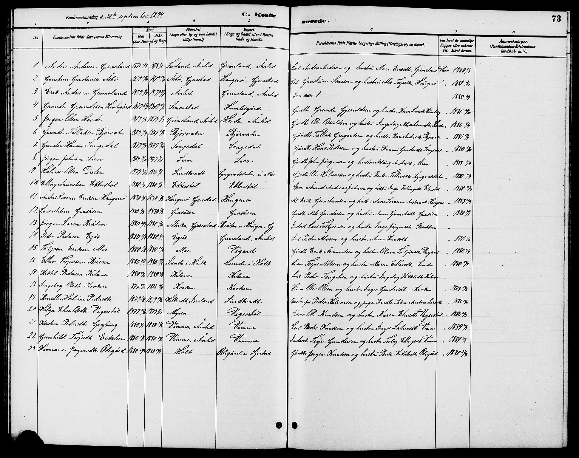 Gjerstad sokneprestkontor, SAK/1111-0014/F/Fb/Fbb/L0004: Parish register (copy) no. B 4, 1890-1910, p. 73